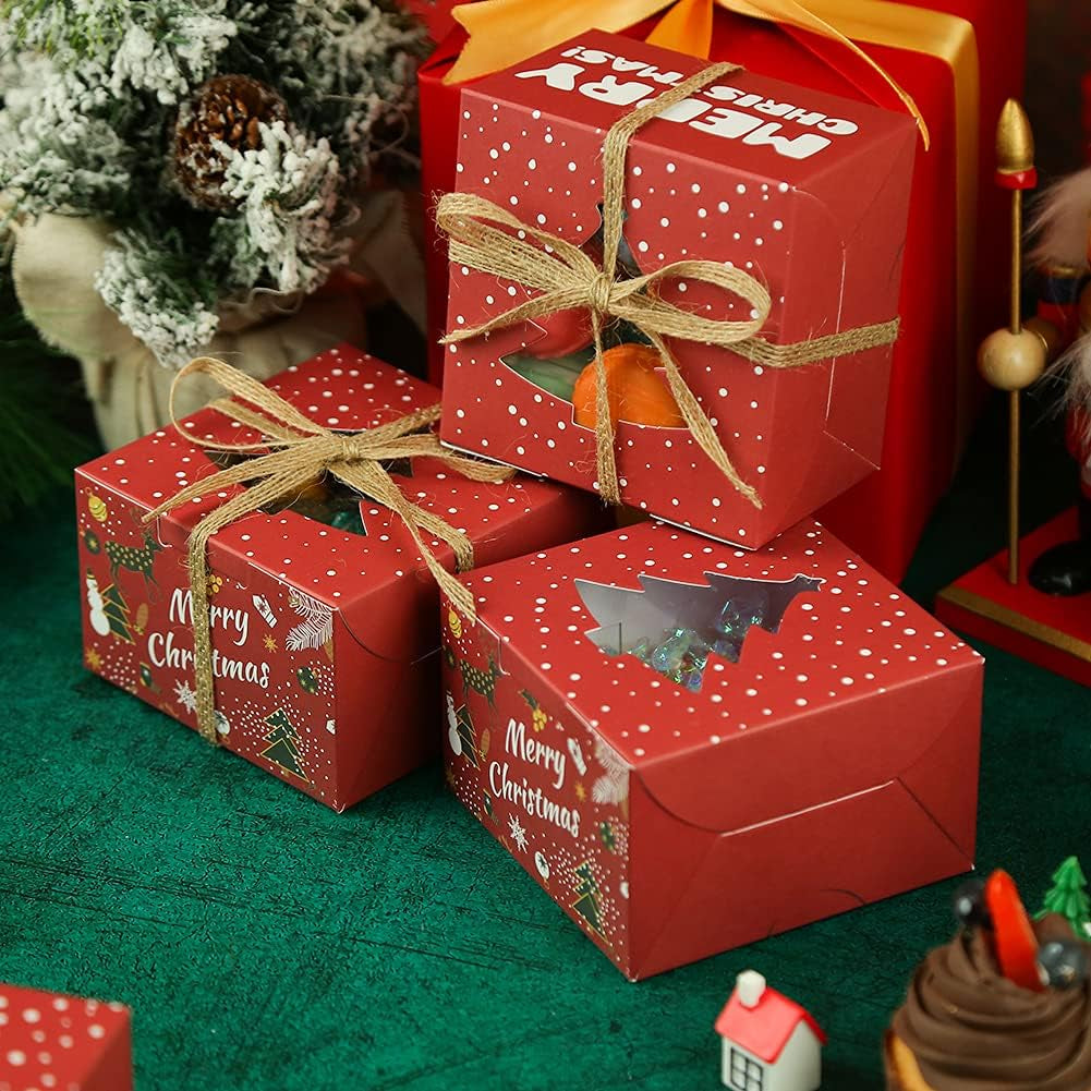 14PCS Small Christmas Cookie Boxes, 4"X 4"X 2.5" Christmas Bakery Boxes with Window, Single Cupcake Carrier with Window Insert Pastry Containers Muffins for Bakery Supplies