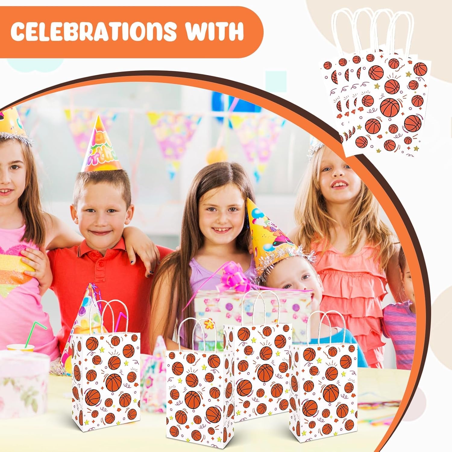 16 Pack Gift Bags, 5.5" X 2.8" X 8" Basketball Party Favor Bags with Handles for Sports Theme Birthday Party Supplies