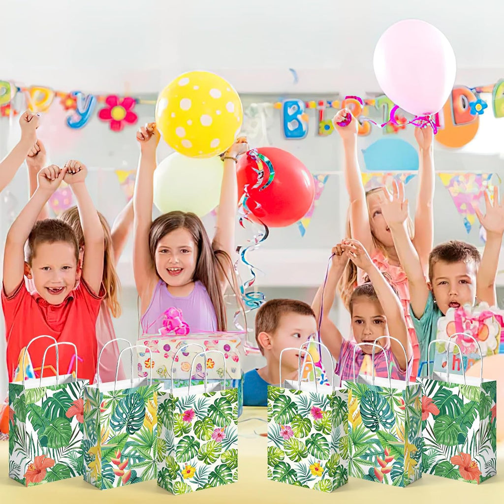 24 Pack Party Favor Bags with Handles, 5.5" X 2.8" X 8" Hawaii Luau Goodie Treat Bags for Aloha Festival Beach Theme Birthdays Pool Parties Bulk Gift Packaging Supplies
