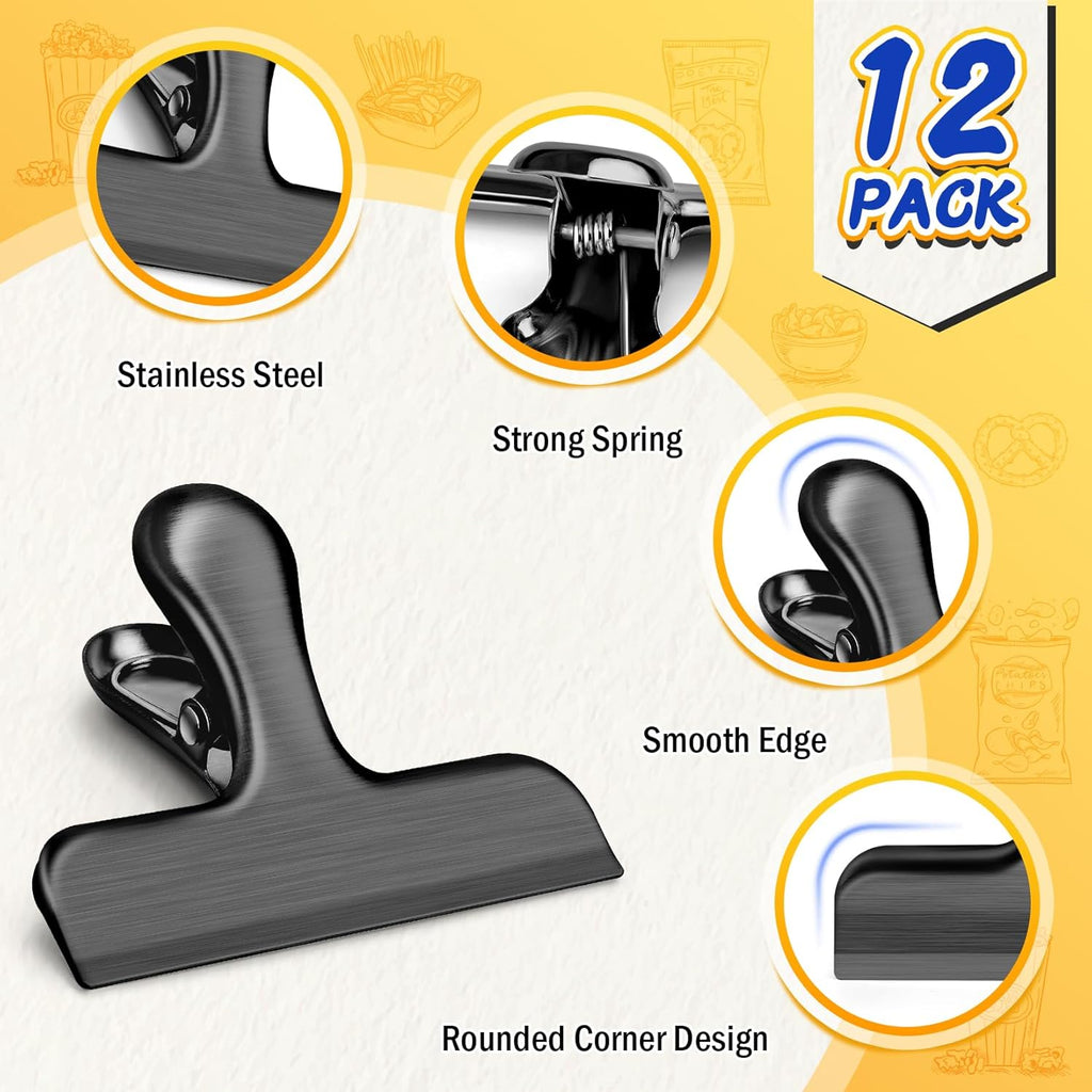 12 Pack Stainless Steel Chip Clips, Bag Clips for Food, Heavy Duty Chip Clip for Kitchen and Office to Seal Coffee Bags, Paper Sheets, Metal Clip Air Tight Seal-3 Inches, Black
