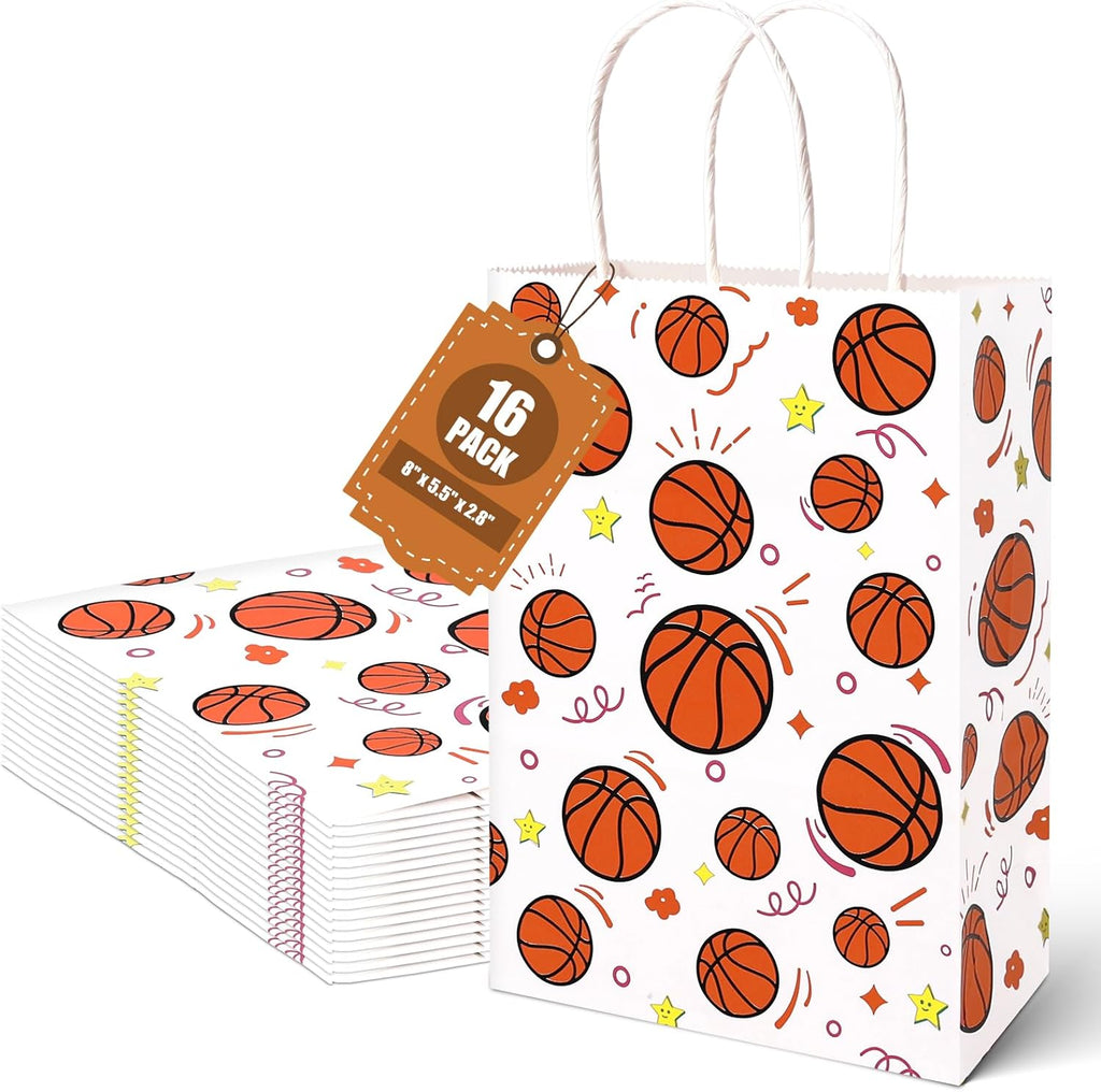16 Pack Gift Bags, 5.5" X 2.8" X 8" Basketball Party Favor Bags with Handles for Sports Theme Birthday Party Supplies