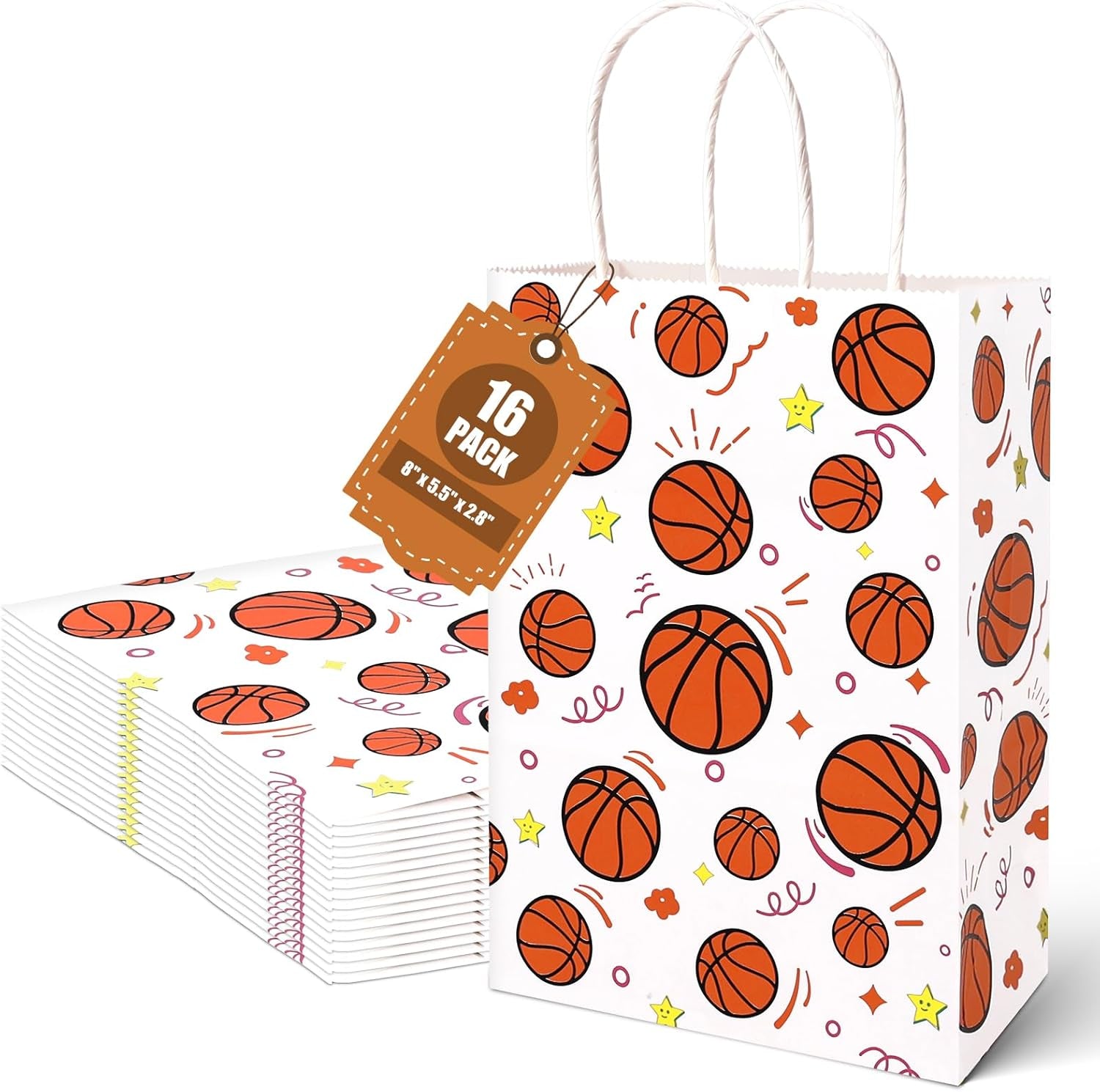 16 Pack Gift Bags, 5.5" X 2.8" X 8" Basketball Party Favor Bags with Handles for Sports Theme Birthday Party Supplies