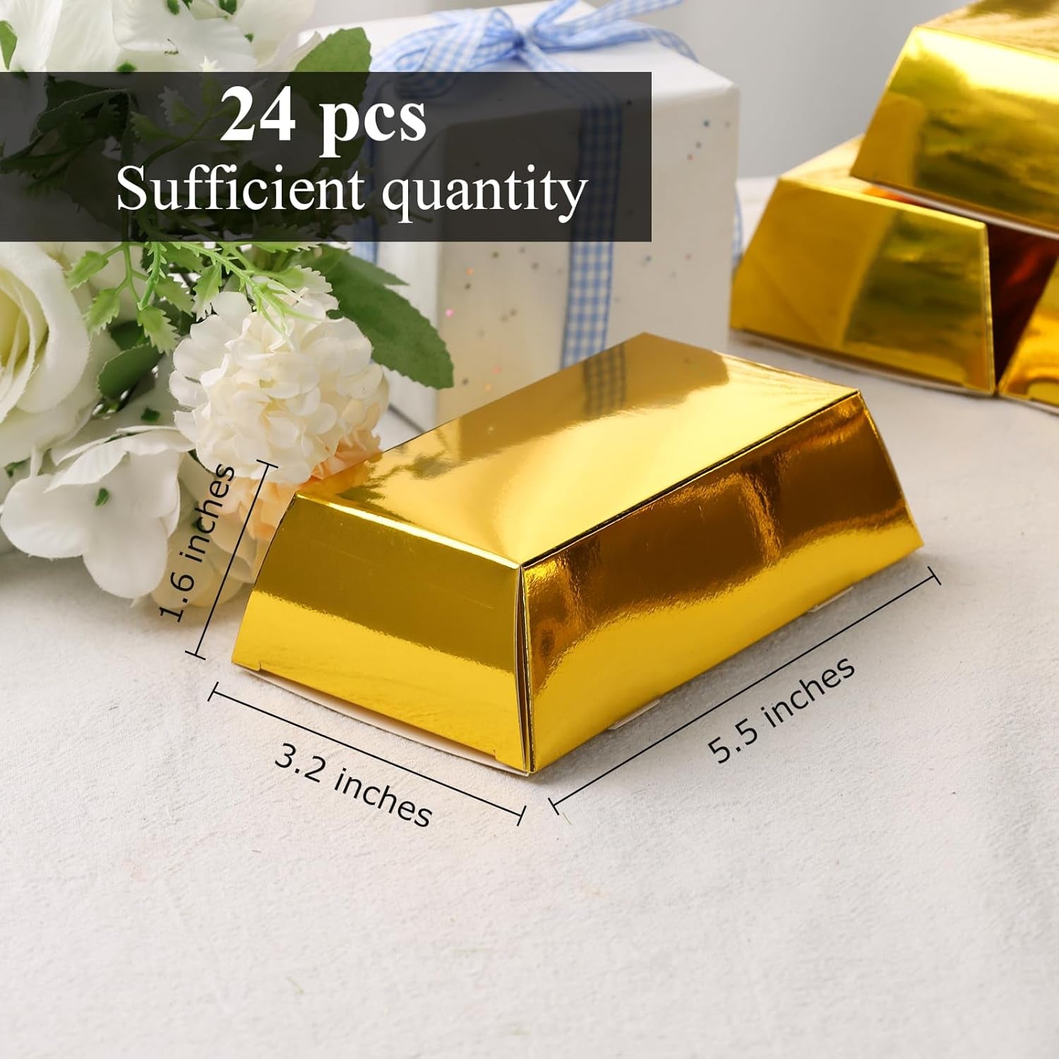 24PCS Gold Bar Chocolate Boxes, Golden Brick Gift Box Treat Box for Chocolates Coins Casino Theme Decoration Candy Treats Container 5.5" X 3.2" X 1.6"