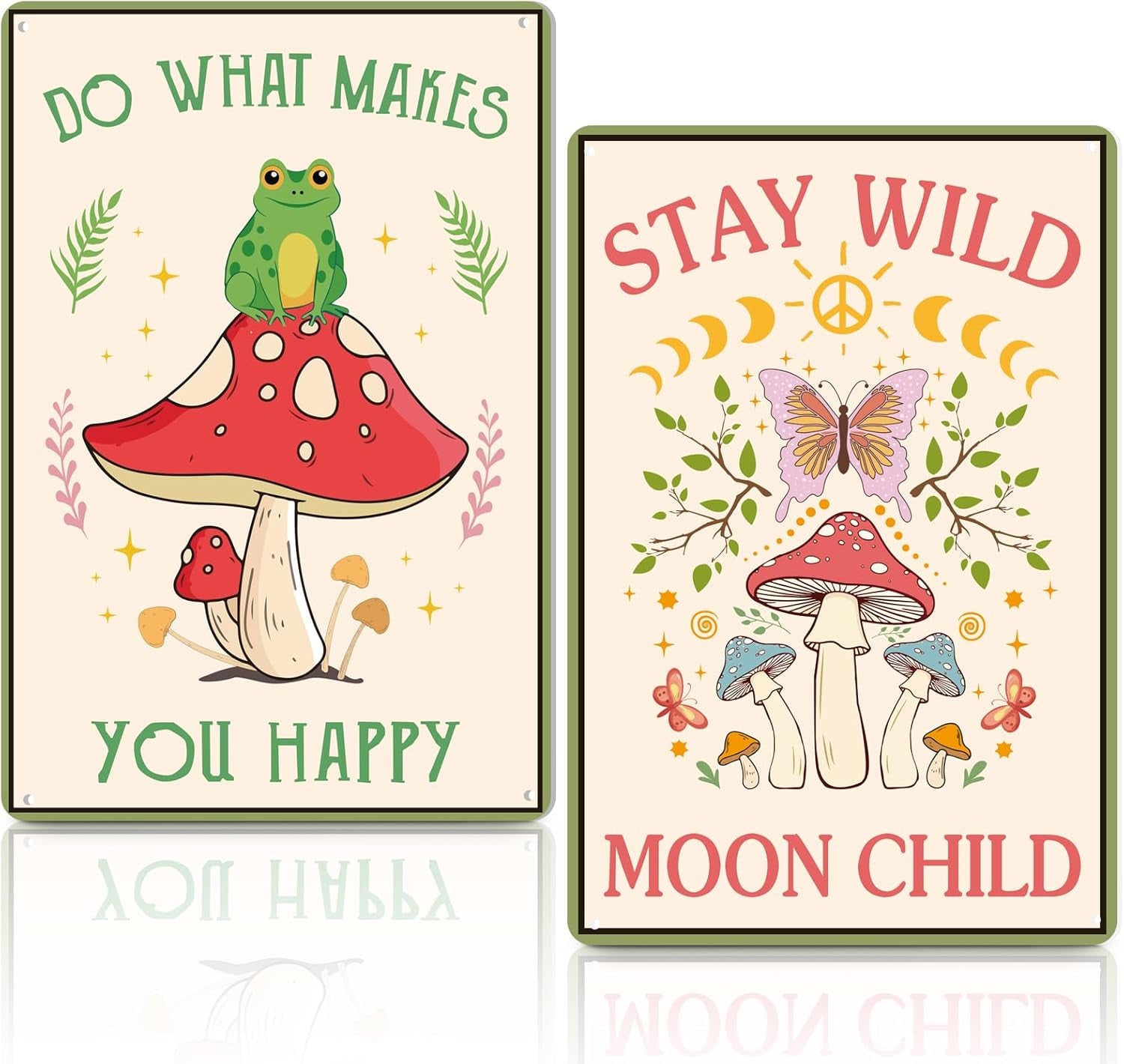 2 Pcs Funny Mushroom Decor Vintage Tin Signs Frog Decor Do What Makes You Happy Sign Stay Wild Moon Child Sign Retro Mushroom Wall Nature Ornament for Bathroom Forest Room, 12 X 8 Inch