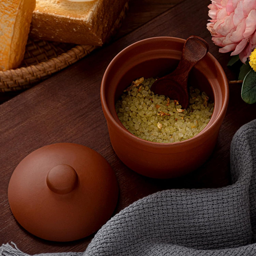 2 Set Salt Cellar with Lid and Wooden Spoon, 4 Handcrafted Pepper Herbs Box Heavyweight Spices Jar Salt Holder Pot Housewarming Gift for Counter, Kosher, Sea, Sugar, Keeps Spices Dry