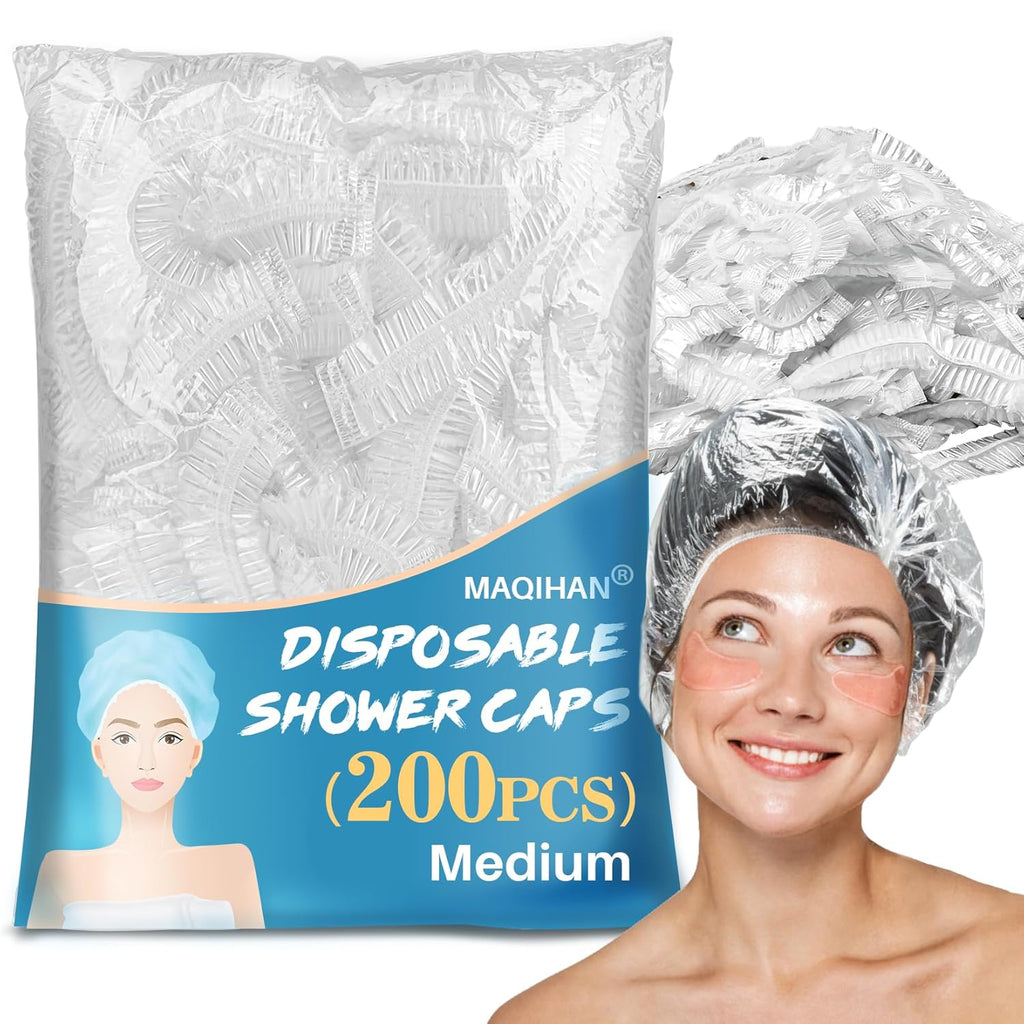 200 Disposable Shower Caps Unisex - Medium Plastic Hair Caps for Deep Conditioning Shower Cap Reusable Waterproof for Women Men Hair Treatment Bath Cap for Long Hair Travel Essentials