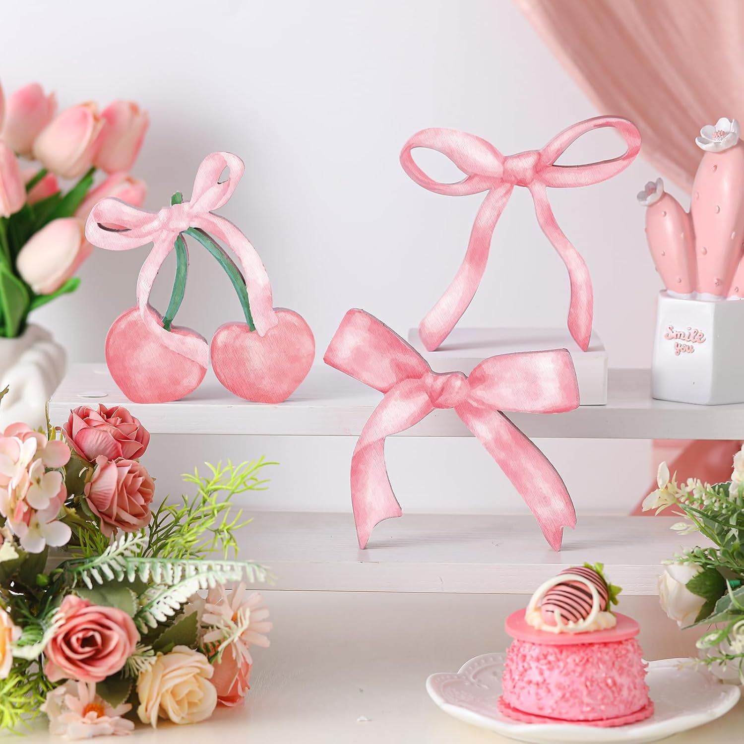 3 Pcs Pink Bow Coquette Room Decor Wooden Sign Preppy Room Coquette Party Decor Girly Pink Bows Tiered Tray for Home Dorm Wall Desk Shelf Tabletop Christmas Decoration(Cherry Style)