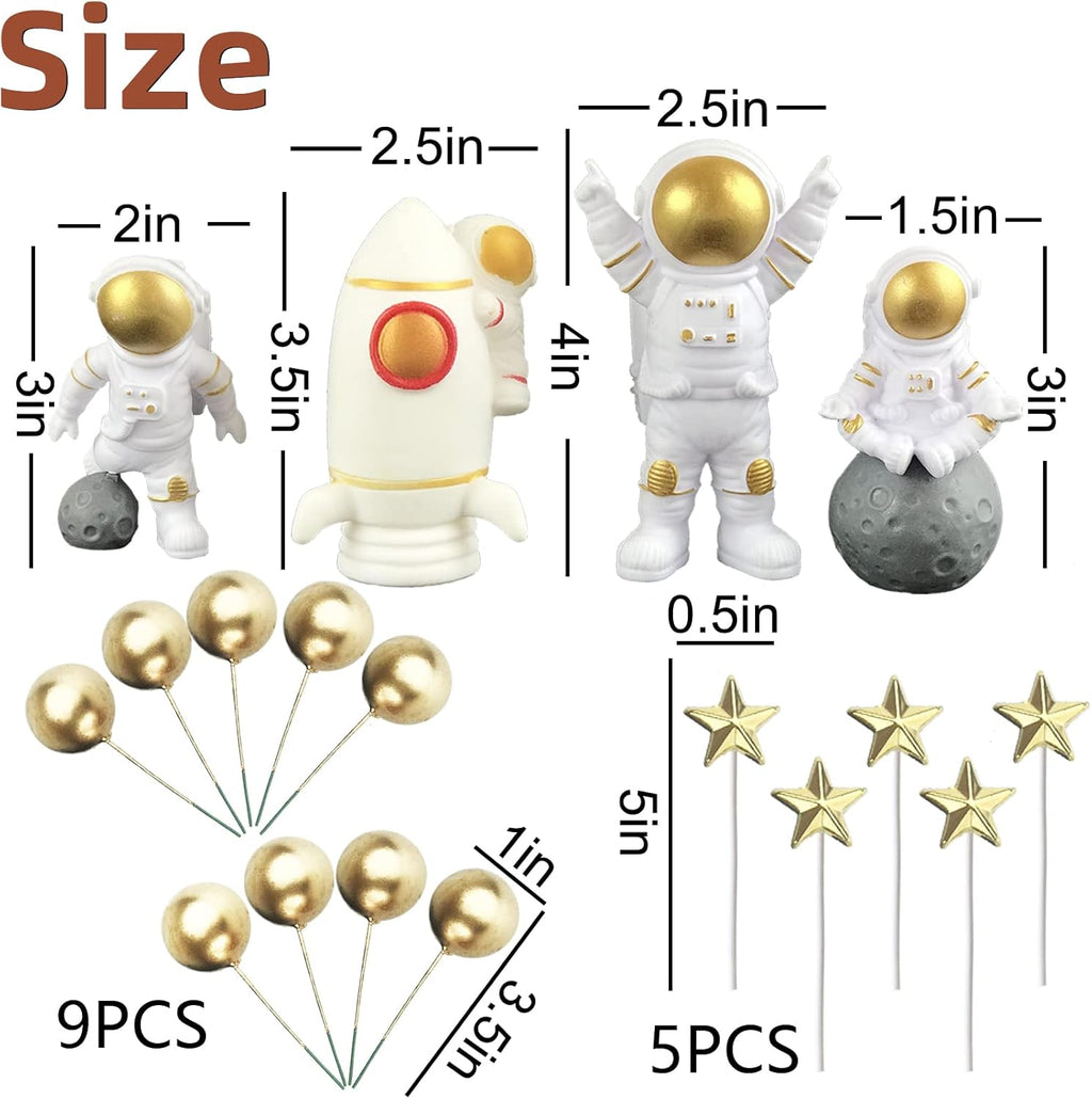 18 Pack Astronaut Cake Topper Set, Outer Space Cake Decoration Astronaut Figurine Rocket Caketoppers with Stars and Pearl Balls for Christmas Astronaut Themed Party Kids Birthday Tabletop Decor(Gold)