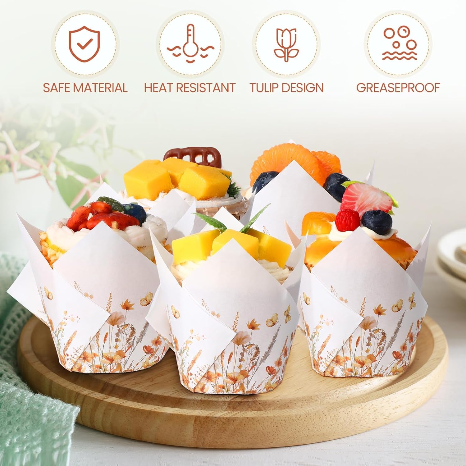200 Pcs Fall Floral Tulip Cupcake Liners for Baking Autumn Wildflower Paper Muffin Baking Cups Flower Tulip Muffin Liners Wrappers for Thanksgiving Baby Shower Wedding Birthday Party Decor