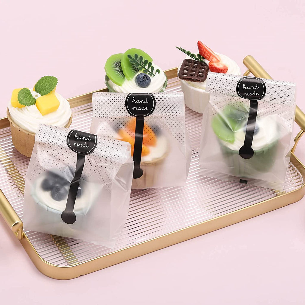 (400Pcs) 200 Pack Translucent Cellophane Bags for Bakery Party Supplies (9X3.4 Inch) - Clear Plastic Cookie Candy Wrapping Bags with 200 Handmade Stickers, Ideal for Chocolate Cake Snack Packaging