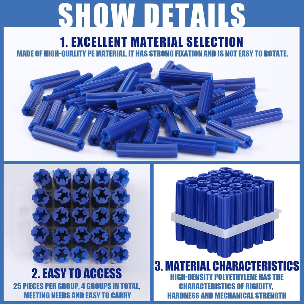 100 Pcs Expanding Plastic Anchors for Concrete 5/16" X 1-1/2" for #14 Screw or 1/4 Lag Screw Blue Anchors Drywall Wall Expansion Pipe for Hollow Walls Tile Cement Bolt Expansion Tube