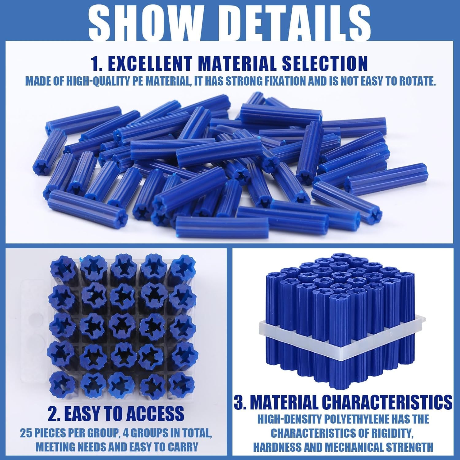 100 Pcs Expanding Plastic Anchors for Concrete 5/16" X 1-1/2" for #14 Screw or 1/4 Lag Screw Blue Anchors Drywall Wall Expansion Pipe for Hollow Walls Tile Cement Bolt Expansion Tube