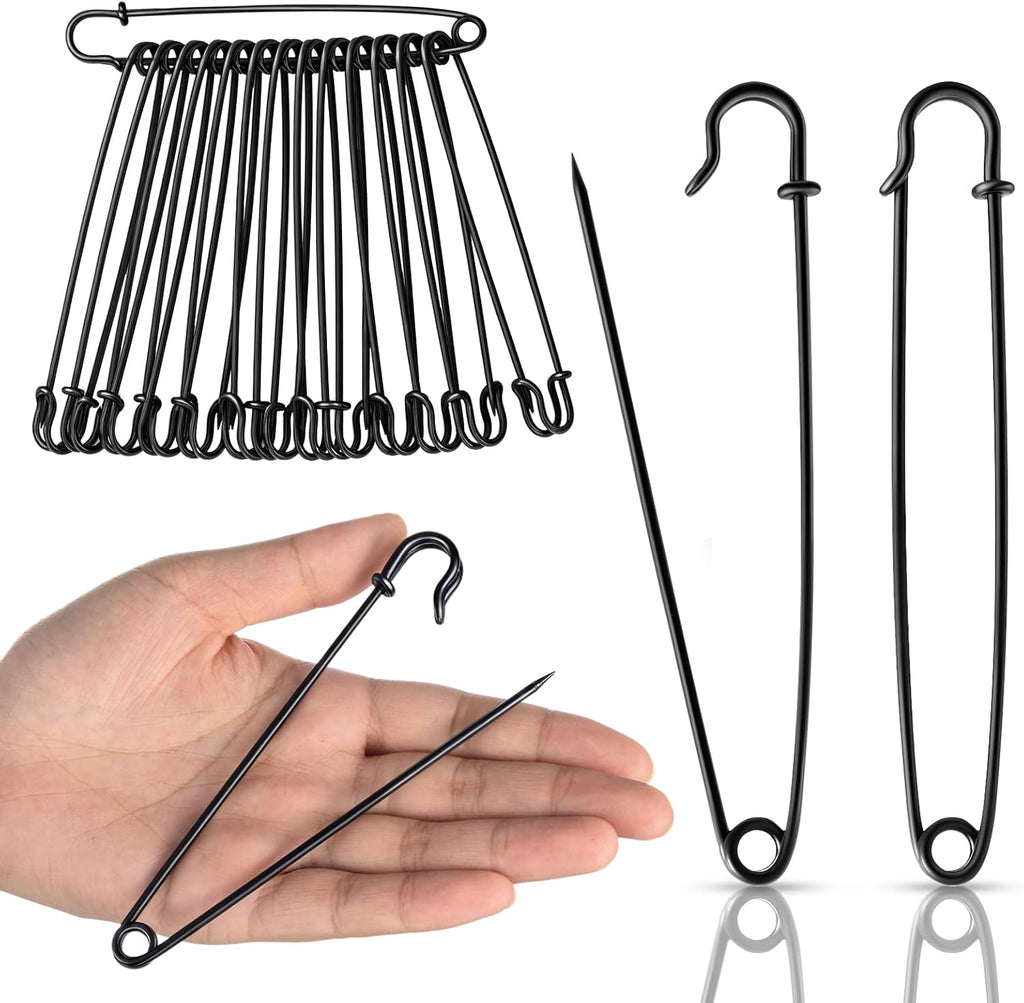 20 Pcs 5 Inch Safety Pins Heavy Duty, Black Jumbo Safety Pins Bulk, Extra Large, Oversized for Thick Fabric, Clothes, Sewing, Bags, Diaper, Blankets, Decorations