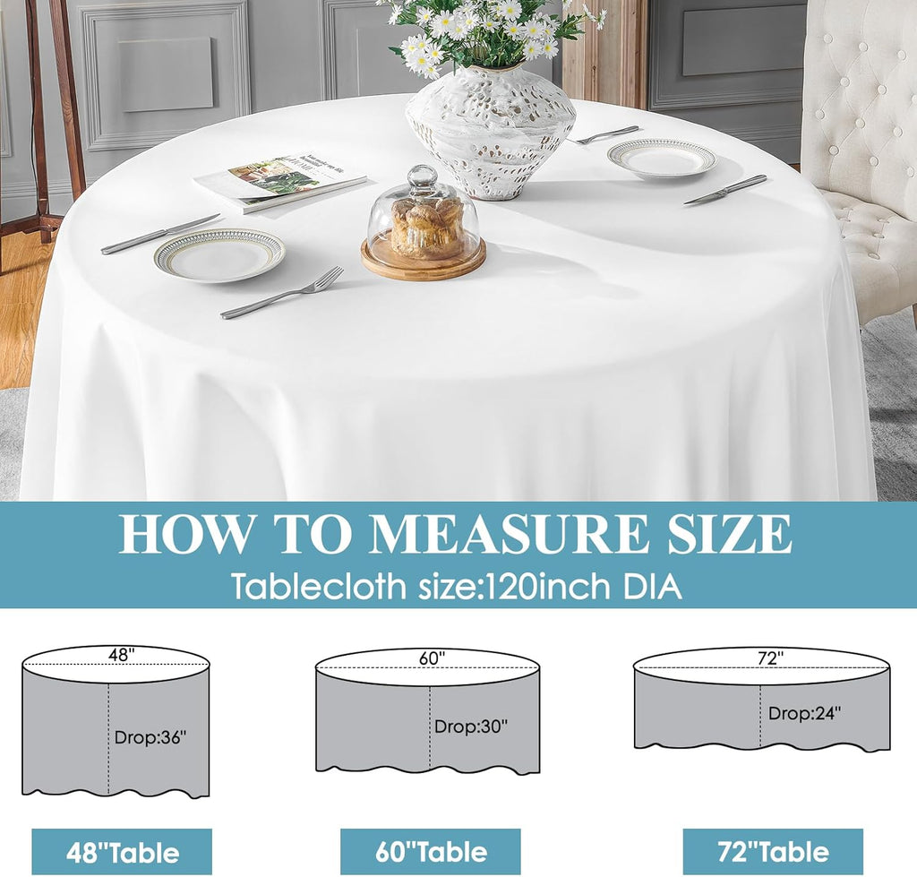 1 Pack 120Inch round Tablecloth Polyester Table Cloth, Stain Resistant and Wrinkle Polyester Dining Table Cover for Kitchen Dinning Party Wedding Rectangular Tabletop Buffet Decoration(White)