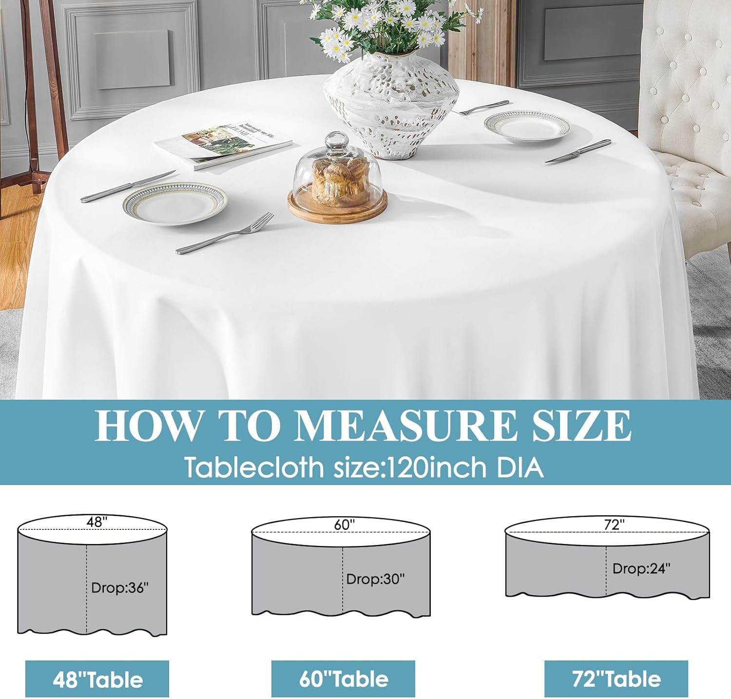 1 Pack 120Inch round Tablecloth Polyester Table Cloth, Stain Resistant and Wrinkle Polyester Dining Table Cover for Kitchen Dinning Party Wedding Rectangular Tabletop Buffet Decoration(White)