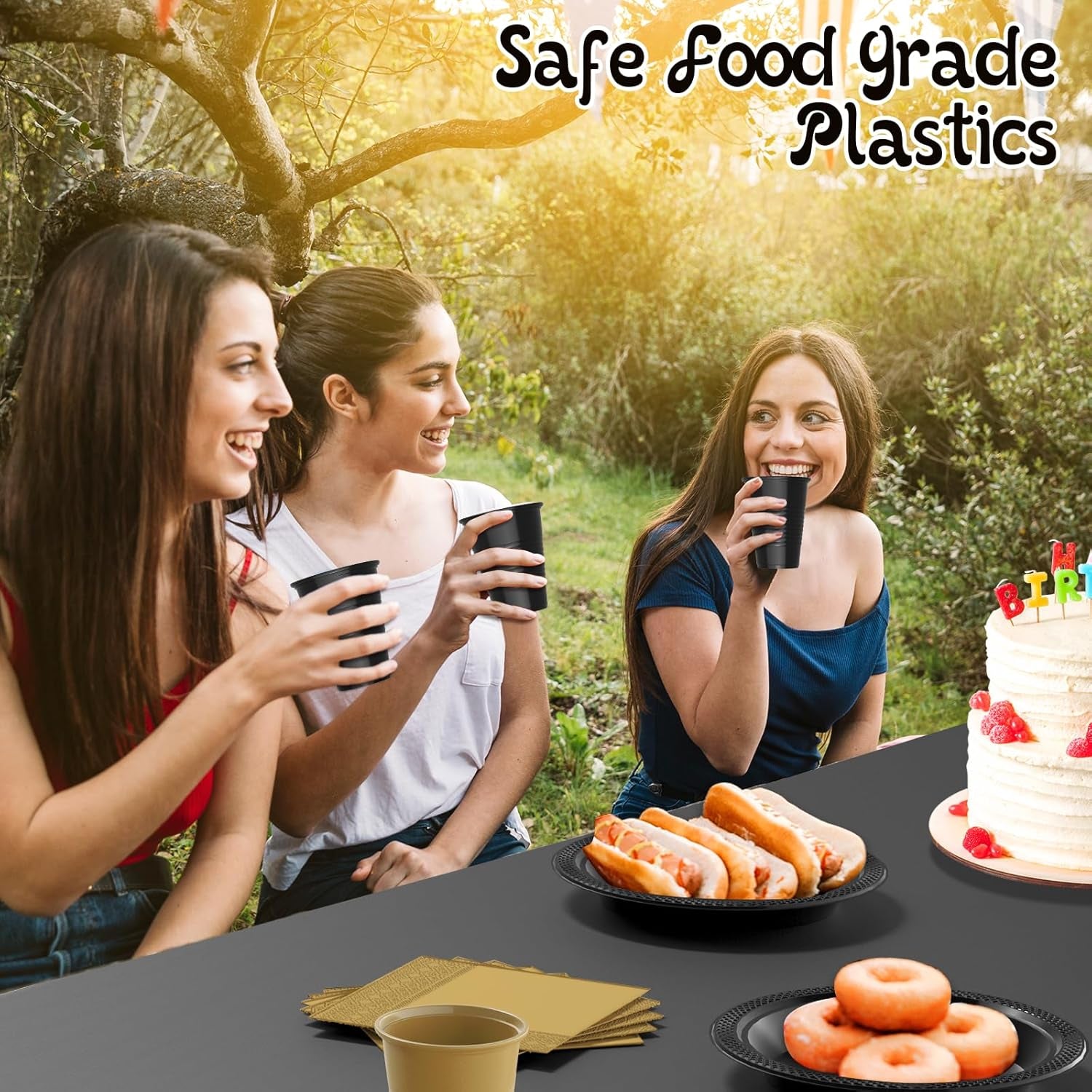 202 Pieces Disposable Plastic Dinnerware Set, Plastic Cutlery Set Includes 25 of Each Dinner Plates|Dessert Plates|Cups|Napkins|Straws|Spoons, Forks & Knives (Black & Gold, 202PCS（25 Guests）)