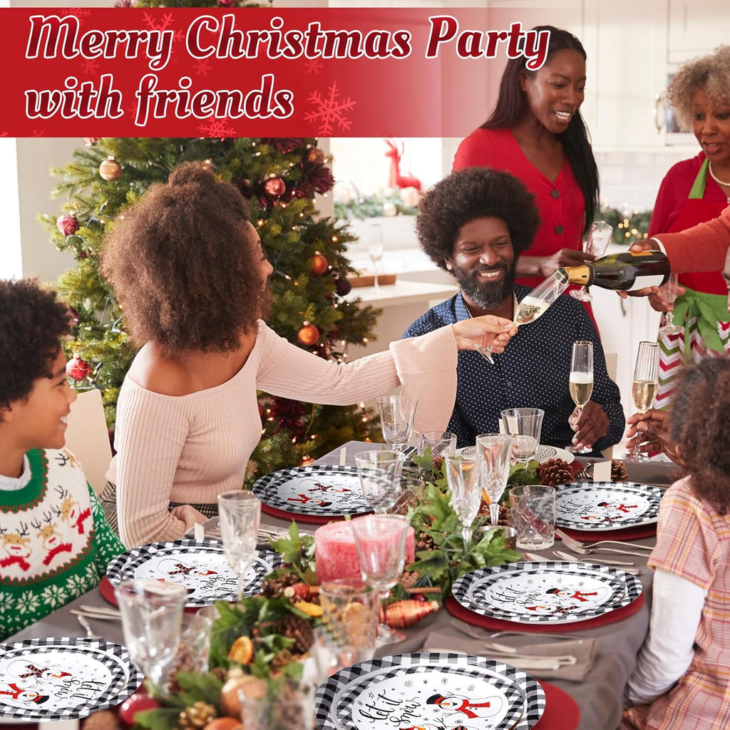 100 Pack Christmas Paper Plates 9" & 7" Snowman Winter Gingham Disposable Dessert Plates for Holiday Xmas Party Supplies(Round,Red and White)