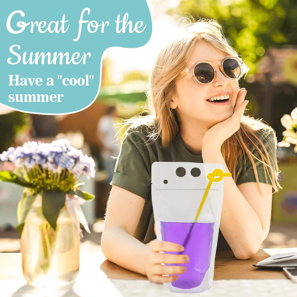 100 Drink Pouches with Straws Individually-Wrapped - 17Oz Juice Drink Pouches Adult Clear Plastic Halloween Blood Bag Reusable Liquid Smoothie Party Hot Weather Cooling