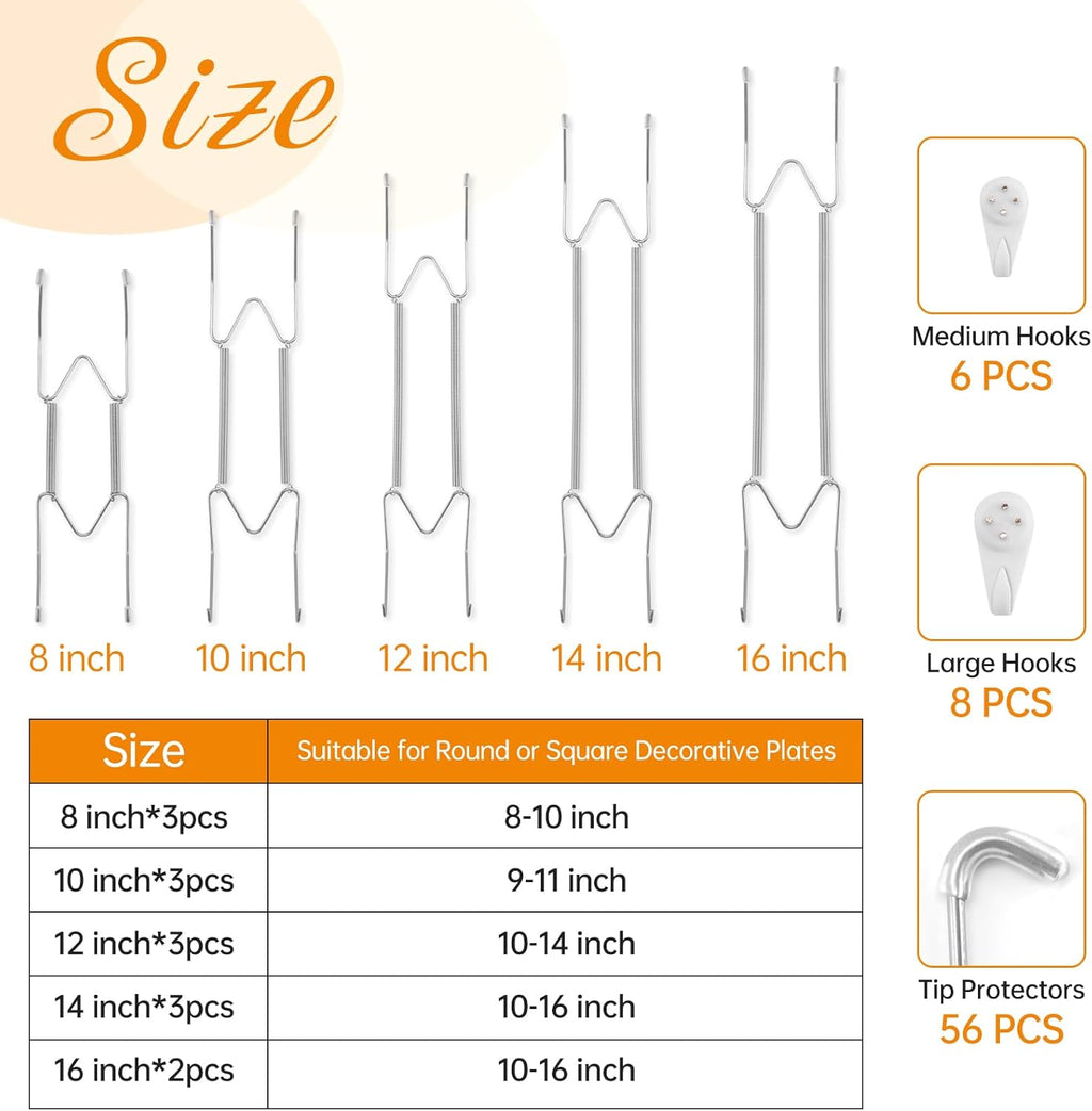 14 Pcs Plate Hangers for Wall - 8/10/12/14/16 Inch Invisible Plates Hanger, Stainless Steel Plate Holders with 14 Pieces Wall Hooks for 7.5 to 19.5 Inch Decorative Plates and Arts (Silver)