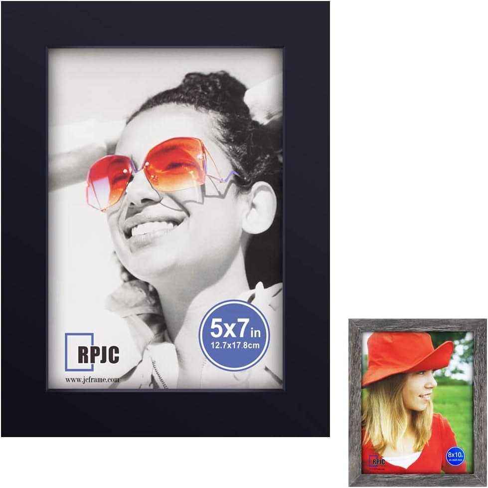 2 Pcs Sets Solid Wood Picture Frame Display Photo 5X7 Inch Black and 8X10 Inch Driftwood Finish