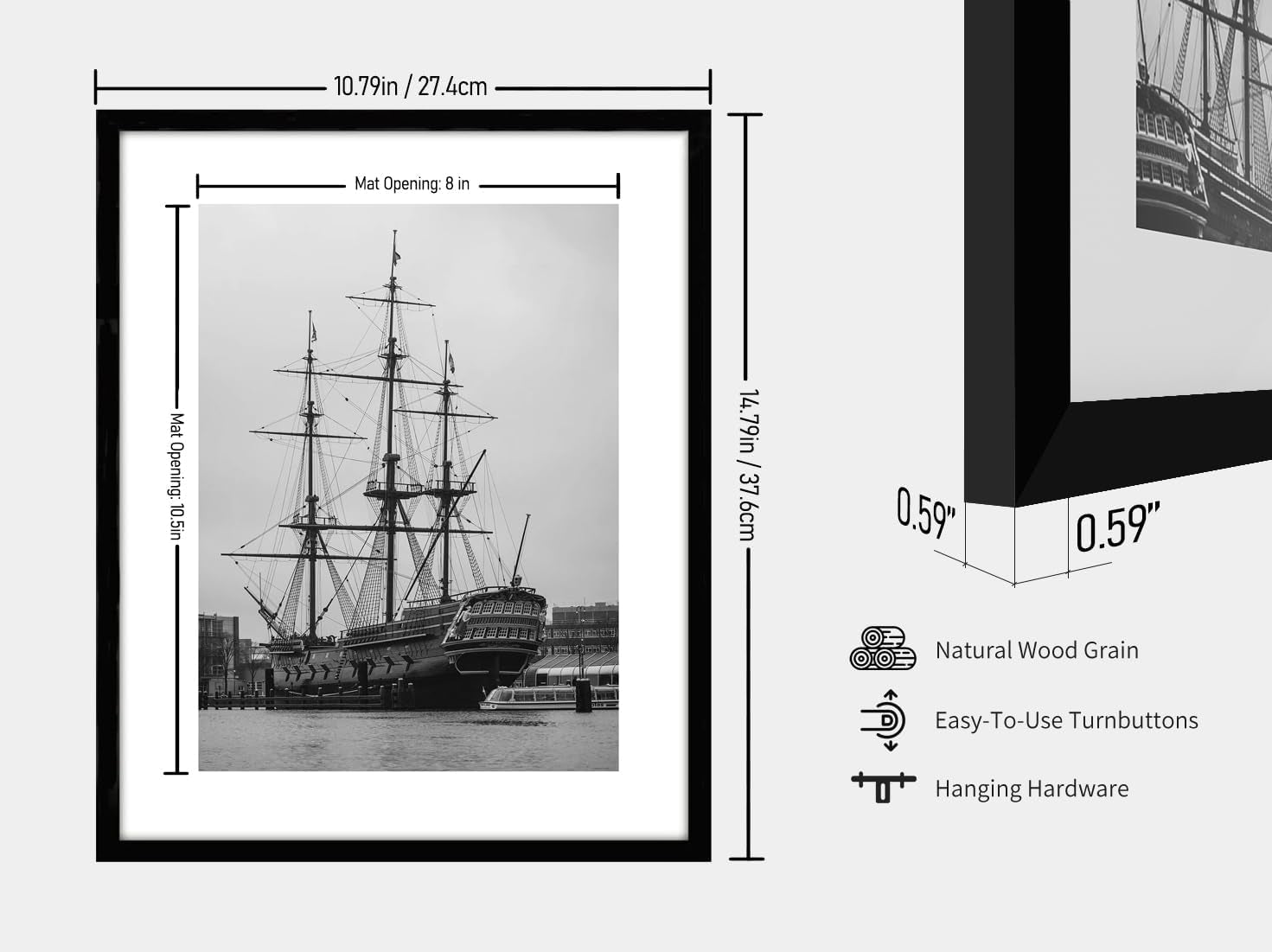 10X14 Picture Frame, Display Pictures 8 X 12 with Mat or 10 X 14 without Mat for Wall Mounting Display, Photo Frames, Black.