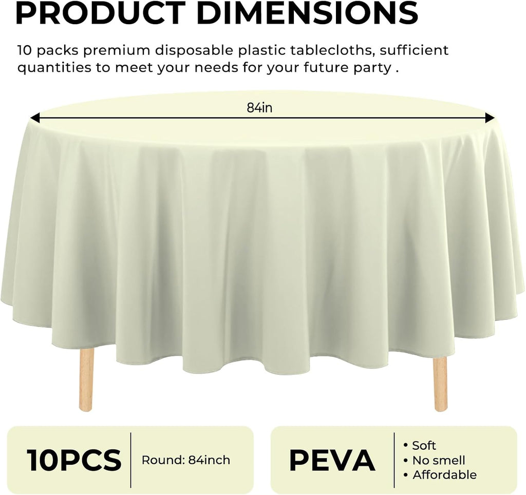 10 Pack Premium Disposable Plastic Tablecloth 84" round Table Cover for Birthdays Weddings Christmas Anniversary Buffet Table (Beige)
