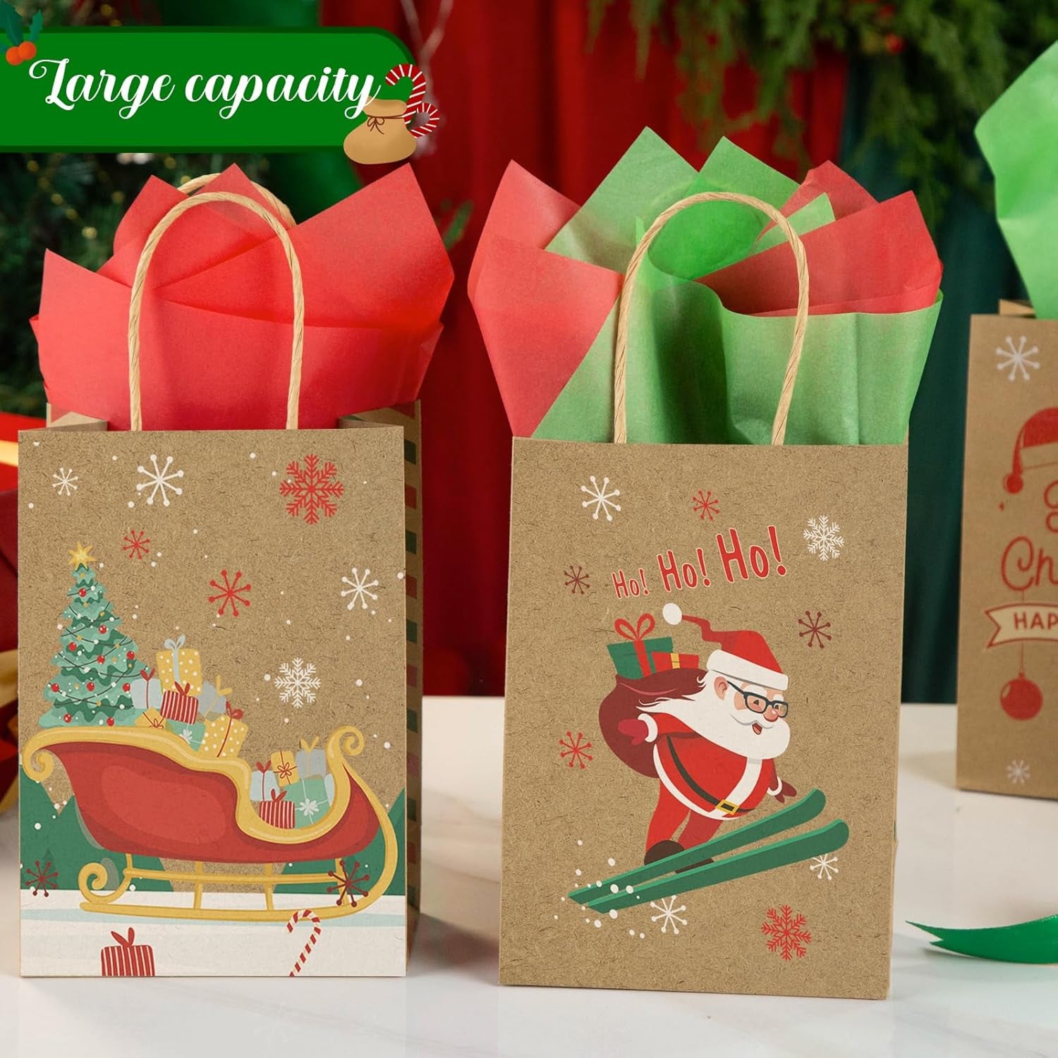 12 Pack Christmas Treat Bags with Tissue Paper, Kraft Paper Gift Bags with Handle for Christmas Party Favors Gift Exchange