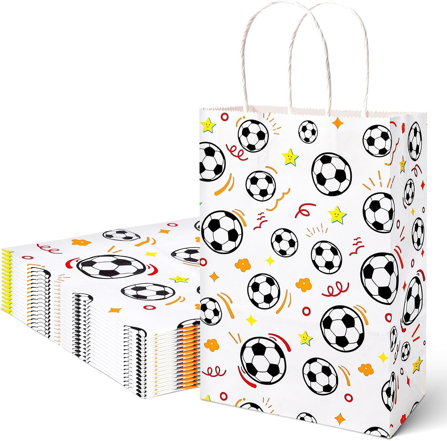 16 Pack Soccer Goodie Bags, 5.5"X2.8"X8" Party Favor Bags with Handles for Kids Birthdays, Sports Theme Decorations, Gift Giving Bulk Supplies