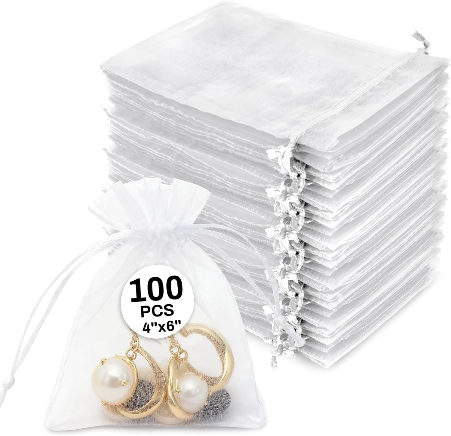 100PCS Organza Bags 4"X6" - Small Organza Sachet Jewelry Gift Favor Bags Drawstring Mesh Bags Gifts Valentines Wedding Eid Mubarak Halloween Eve Christmas New Year Party Candy Fruit Wrap Bulk White