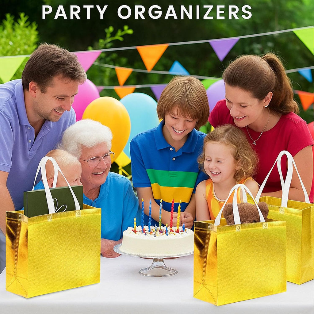 15PCS Reusable Gift Bags with Handles, 12.6 X 5 X 11, Gold, Bulk, Large Party Favor Bags for Birthday, Wedding