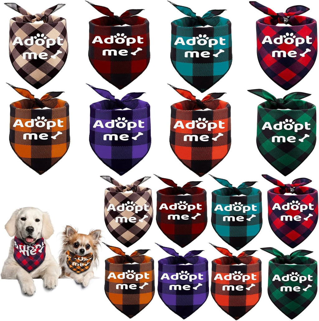 16 Pcs 2 Size Adopt Me Dog Bandanas Bulk Plaid Reversible Triangle Bibs Printing Pet Scarf Bibs Adoption Event Celebration Accessories for Christmas Small Medium Large Shelter Animals