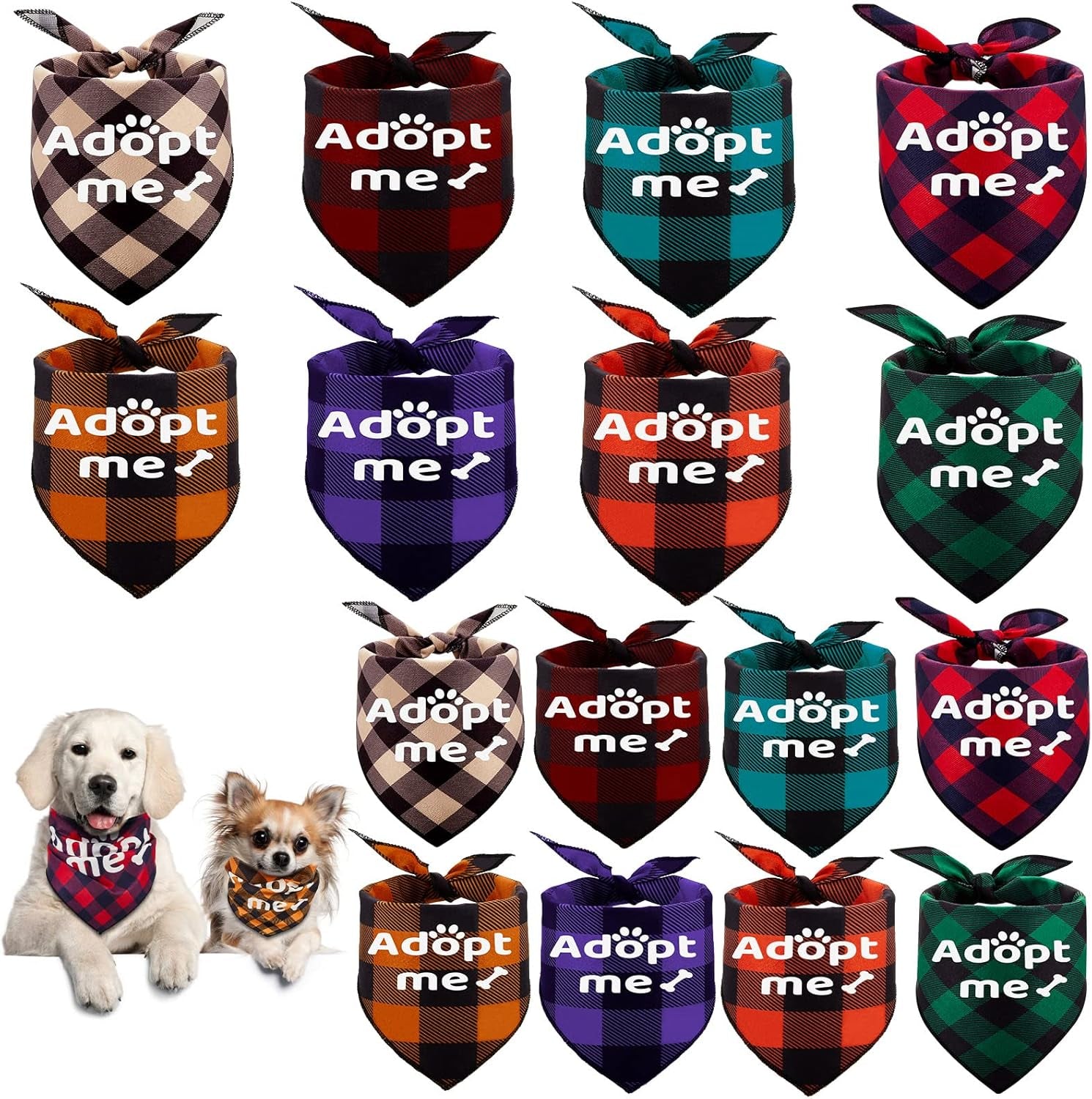 16 Pcs 2 Size Adopt Me Dog Bandanas Bulk Plaid Reversible Triangle Bibs Printing Pet Scarf Bibs Adoption Event Celebration Accessories for Christmas Small Medium Large Shelter Animals