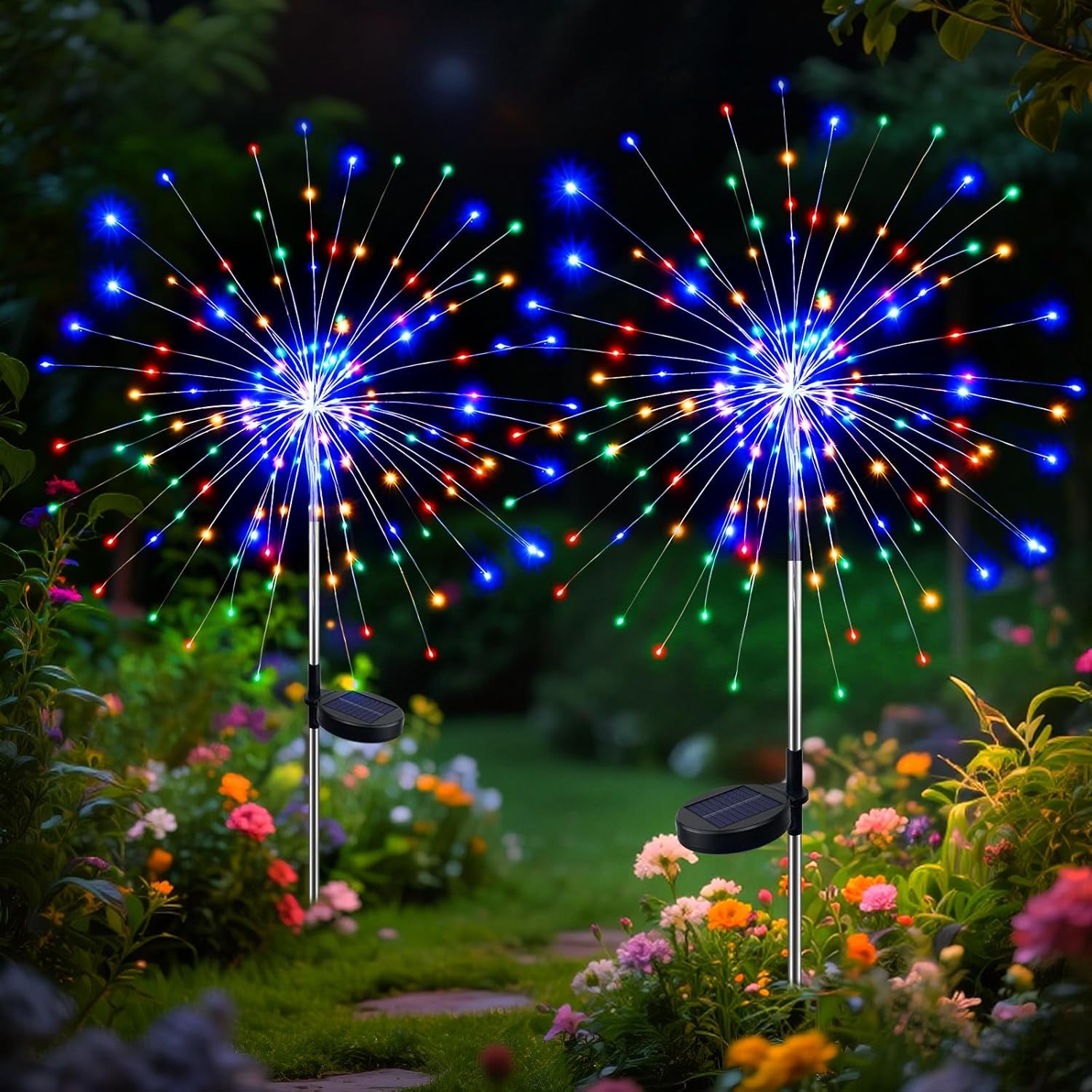 2 Pack 120 LED Solar Garden Lights Outdoor, 8 Modes Firework Lights Solar Powered, Waterproof Twinkle Fairy Light outside for Yard Patio Pathway Pool Christmas Party Decorative, Multicolor