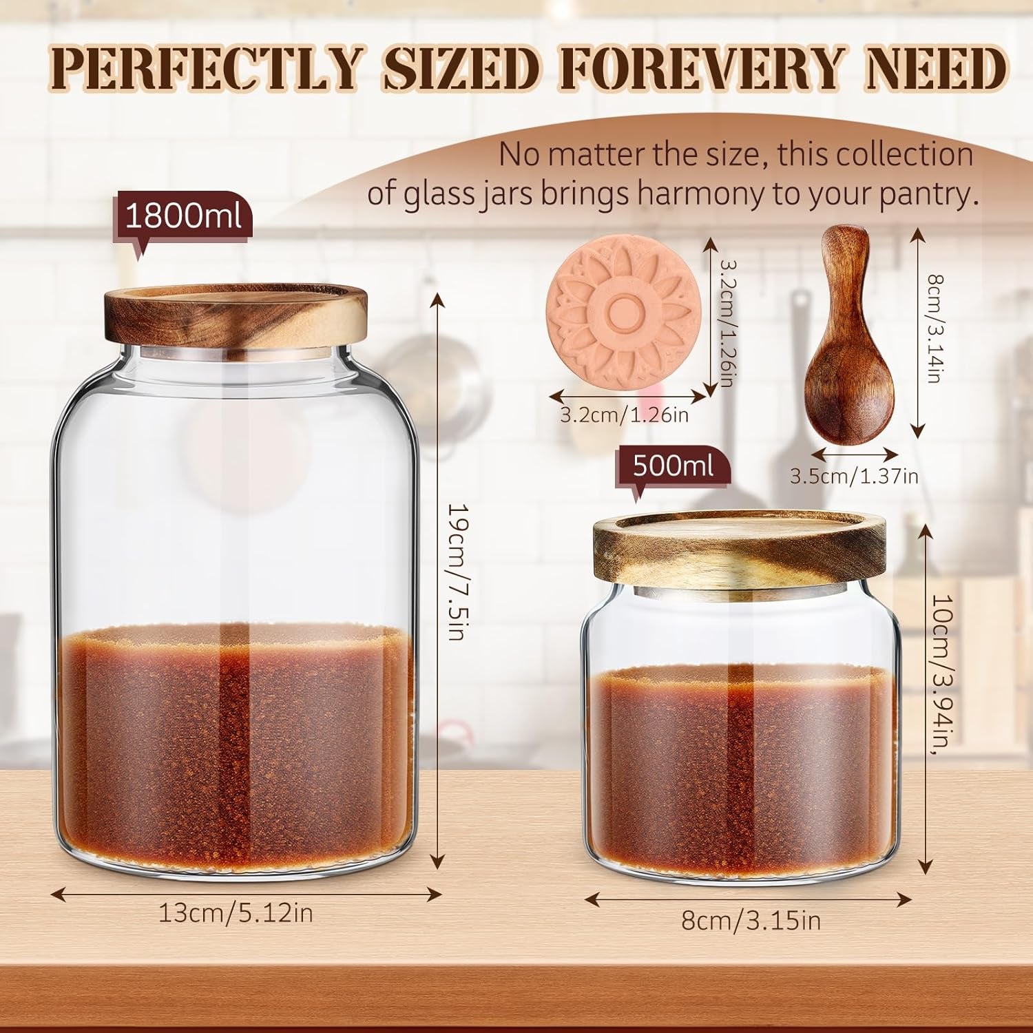 2 Pack Brown Sugar Keeper Container with Spoon, 500 Ml / 0.53 Qt Glass Brown Sugar Storage Container with Wooden Spoon and Lid, Clear Glass Storage Jar for Baking, Salt and Snacks Saver