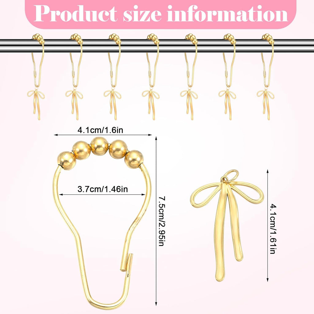 12 Pcs Gold Bow Knot Shower Curtain Hooks Rustproof Metal Decorative Bow Knot Shower Hangers Bulk Glide Curtain Rings for Bathroom Bedroom Living Room Decor
