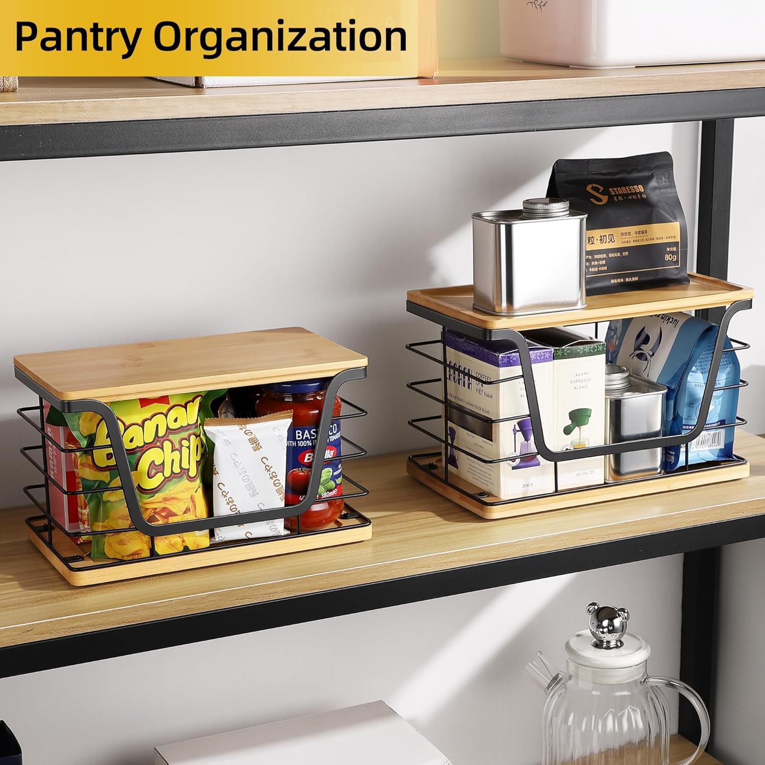 2 Pack Large Garbage Bag Dispenser for 13/30/33 Gallon Bags, Potato and Onion Storage Baskets with Bamboo Lid, Stainless Steel Stackable Storage Bins for Kitchen Laundry Pantry Room