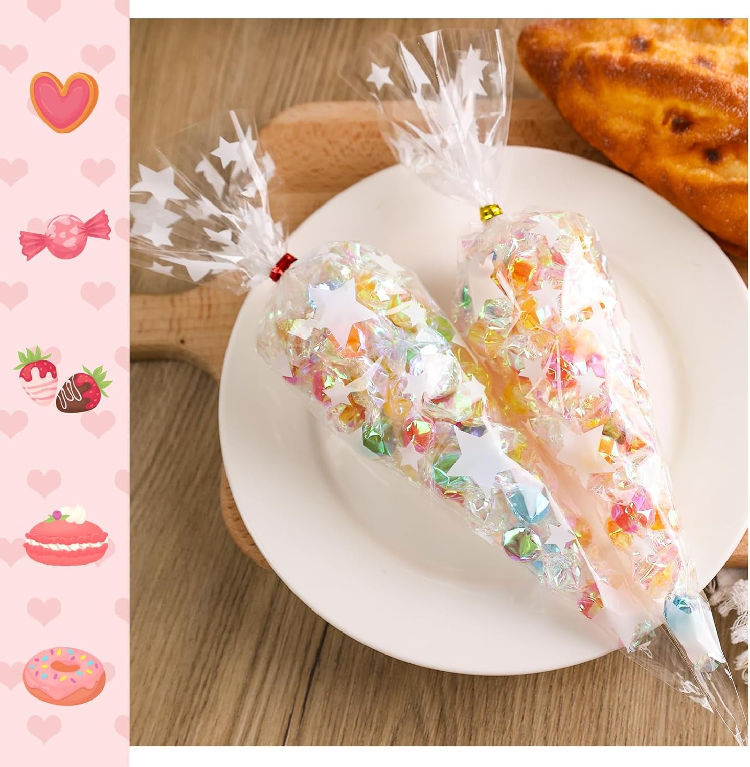 200 Pack Cone Shaped Treat Bags, 6.3X11.8 Inch Medium Transparent Cone Cello Sweet Popcorn Bags with 200 Pieces Ties for Wedding Birthday Party Favor