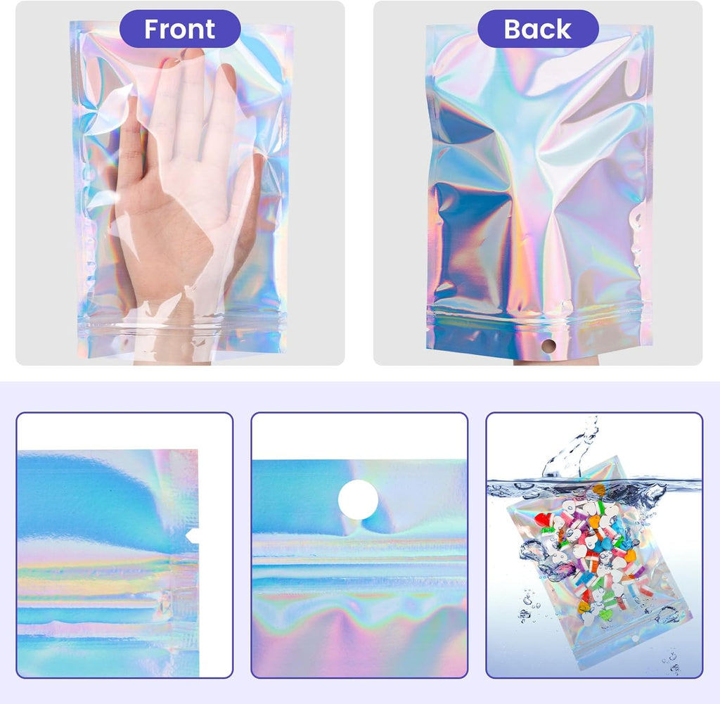 15PCS Holographic Mylar Bags, Resealable Bags Smell Proof Iridescent Freshie for Christmas Party Favor Food Storage 6 X 9 Inch