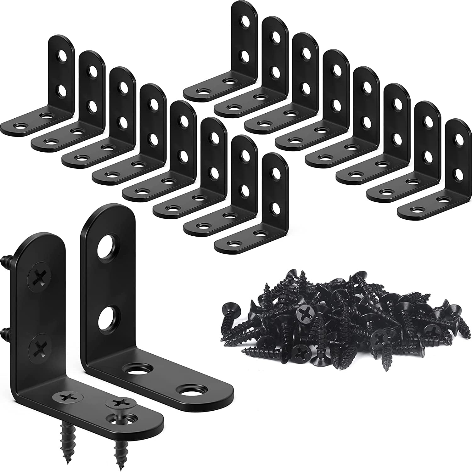18PCS L Bracket Corner Bracket,  Stainless Steel L Brackets for Shelves, Black Small Right Angle Bracket, Metal Corner Brace for Wood Furniture Cabinet Chair with 72PCS Screws (1.57X1.57 In)