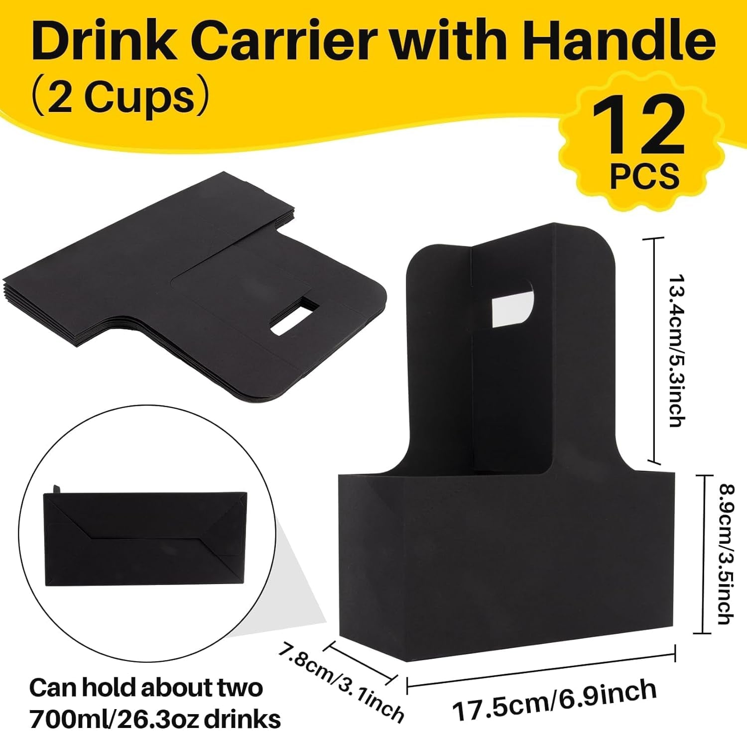 2 Cup Drink Carrier with Handle - 12Pcs Disposable Paper Cardboard Coffee Cup Holder Portable Drink Caddy Cup Carriers to Go Cup Holder Food Delivery Accessories for Hot/Cold Drinks (Black