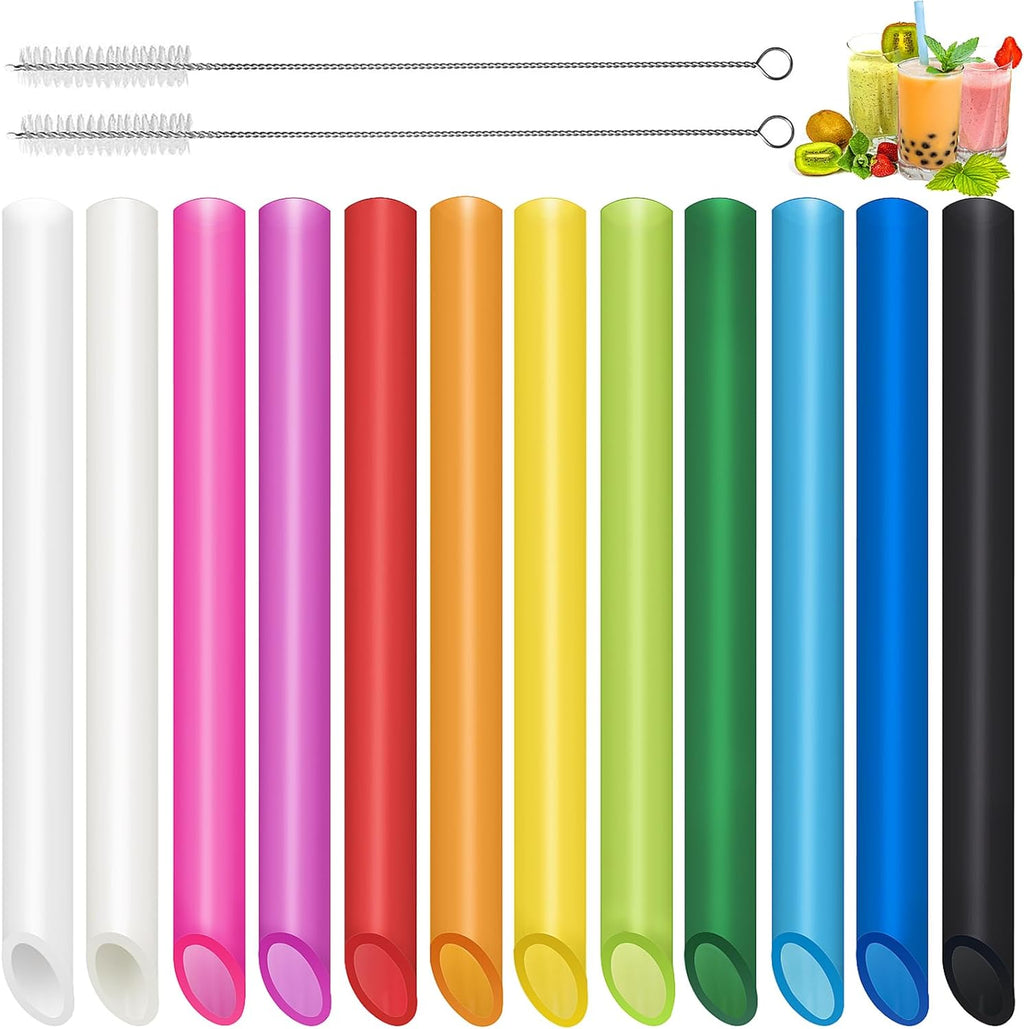 12 Pcs Reusable Boba Straws - Bpa-Free Wide Reusable Plastic Straws for Smoothies, Boba(Tapioca, Boba Pearls) & Shakes with 2 Brushes（Multicolor）
