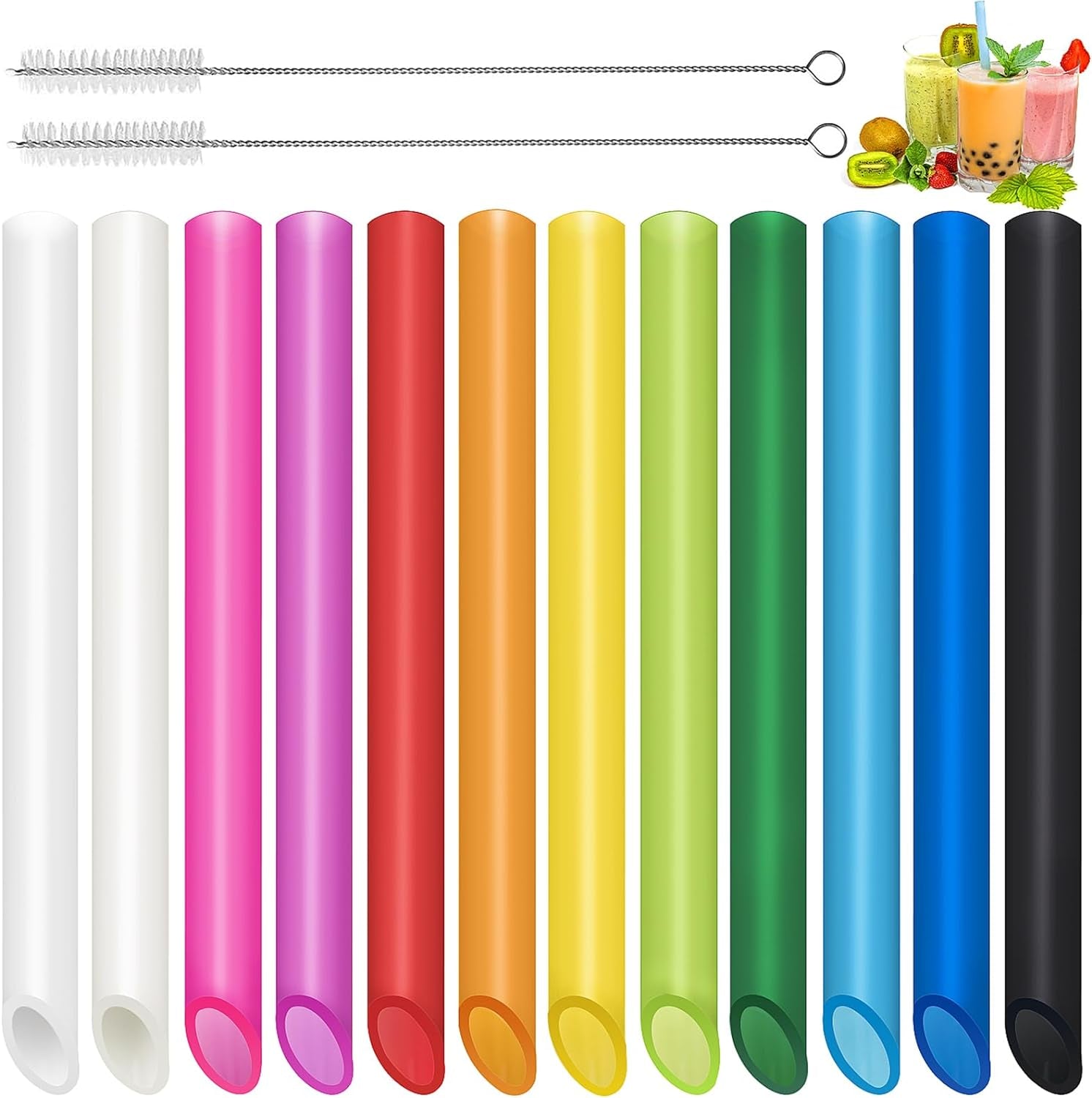 12 Pcs Reusable Boba Straws - Bpa-Free Wide Reusable Plastic Straws for Smoothies, Boba(Tapioca, Boba Pearls) & Shakes with 2 Brushes（Multicolor）