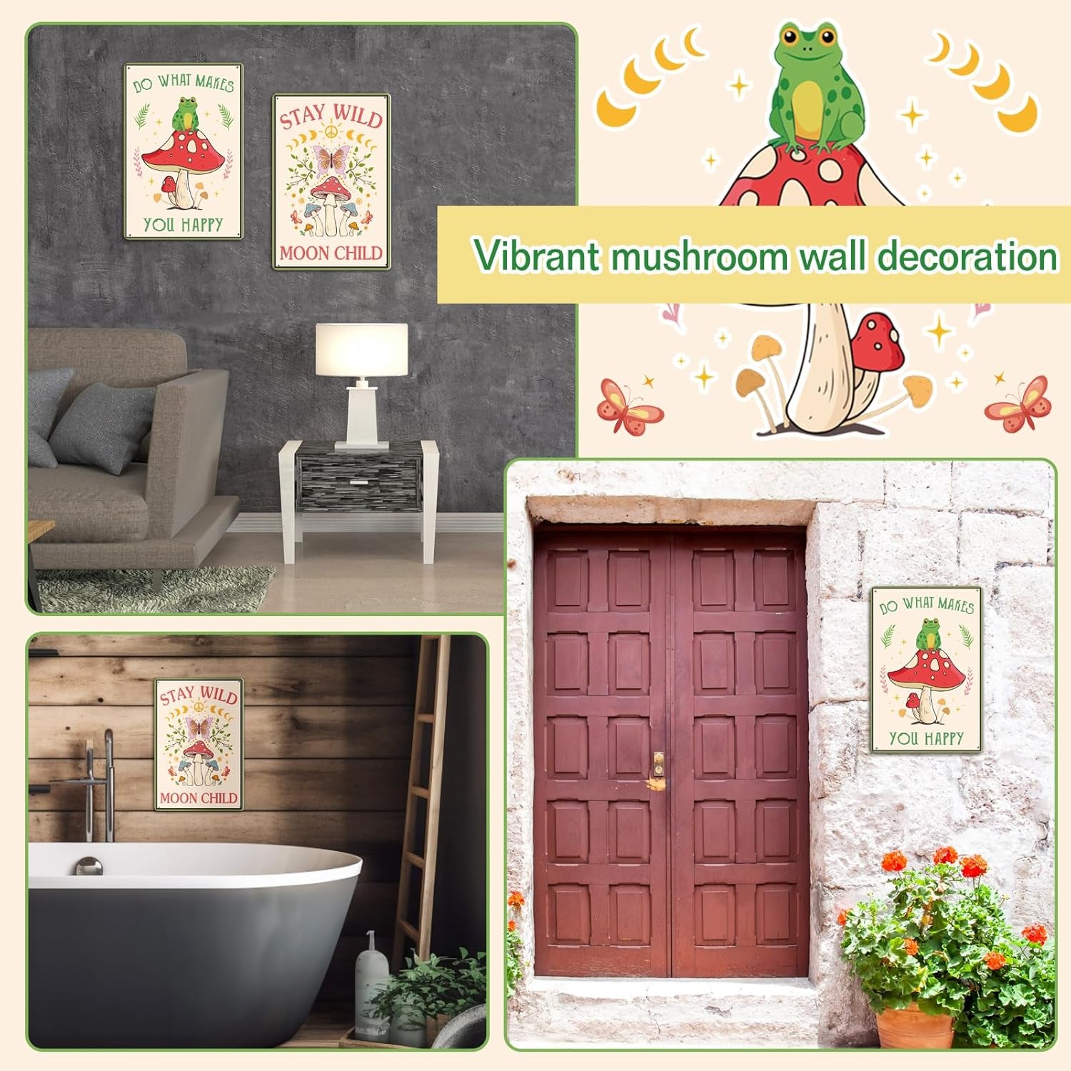 2 Pcs Funny Mushroom Decor Vintage Tin Signs Frog Decor Do What Makes You Happy Sign Stay Wild Moon Child Sign Retro Mushroom Wall Nature Ornament for Bathroom Forest Room, 12 X 8 Inch