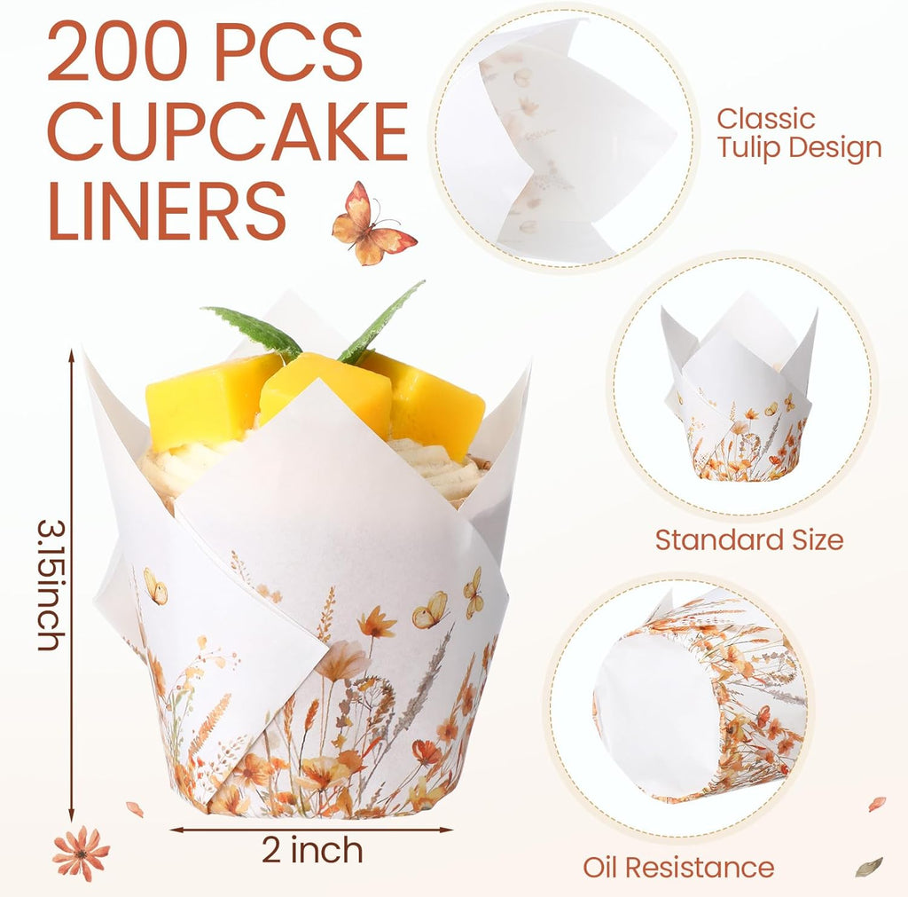 200 Pcs Fall Floral Tulip Cupcake Liners for Baking Autumn Wildflower Paper Muffin Baking Cups Flower Tulip Muffin Liners Wrappers for Thanksgiving Baby Shower Wedding Birthday Party Decor