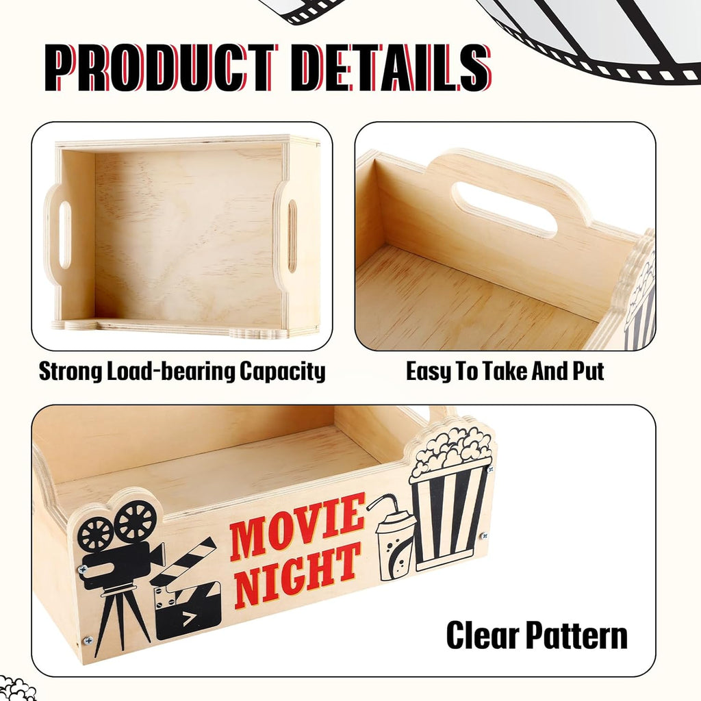 1 Pcs Movie Night Snack Trays with Handles DIY Wooden Snack Basket Organizer Reusable Snack Trays Basket Box Supplies for Party (11.81" X 8.66" X 3.94")