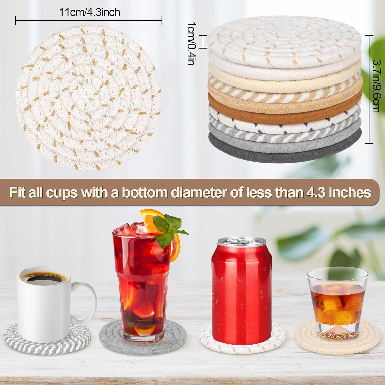 10-Pack Boho Cotton Coasters - Absorbent Drink Coasters, Woven, 4.3" - 10 Colors, Room Decor, Bar, Housewarming Gift
