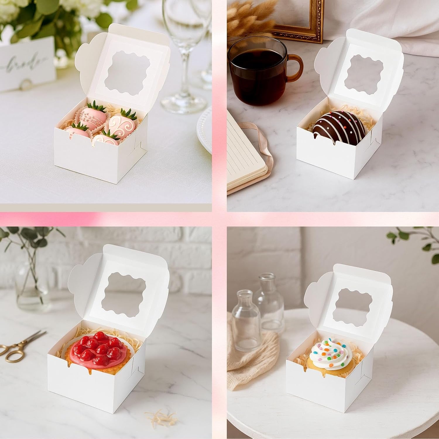 15PCS Cookie Boxes,4X4X2.4Inches White Mini Bakery Boxes with Window for Small Cake Dessert Pastry Donuts Macaroon Strawberries Party Favor Treats