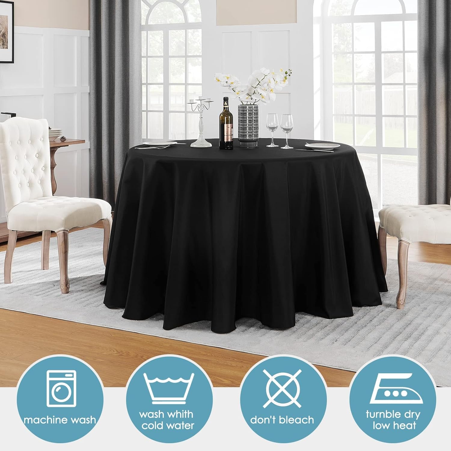 1 Pack 120Inch round Tablecloth Polyester Table Cloth, Stain Resistant and Wrinkle Polyester Dining Table Cover for Kitchen Dinning Party Wedding Rectangular Tabletop Buffet Decoration(Black)