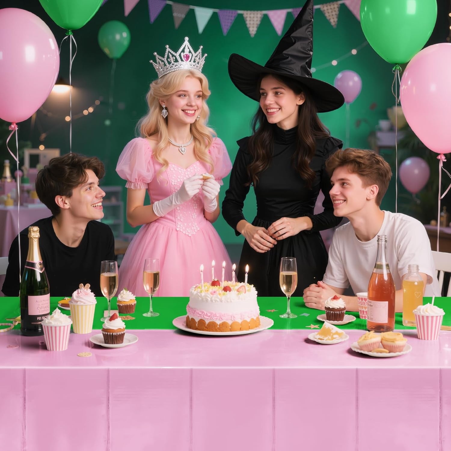 1 Pack Pink Green Foil Tablecloth, 40X106 Shiny Metallic Party Table Cover for Birthday, Princess Witch Theme, Graduation, Baby Shower, Celebration Decorations