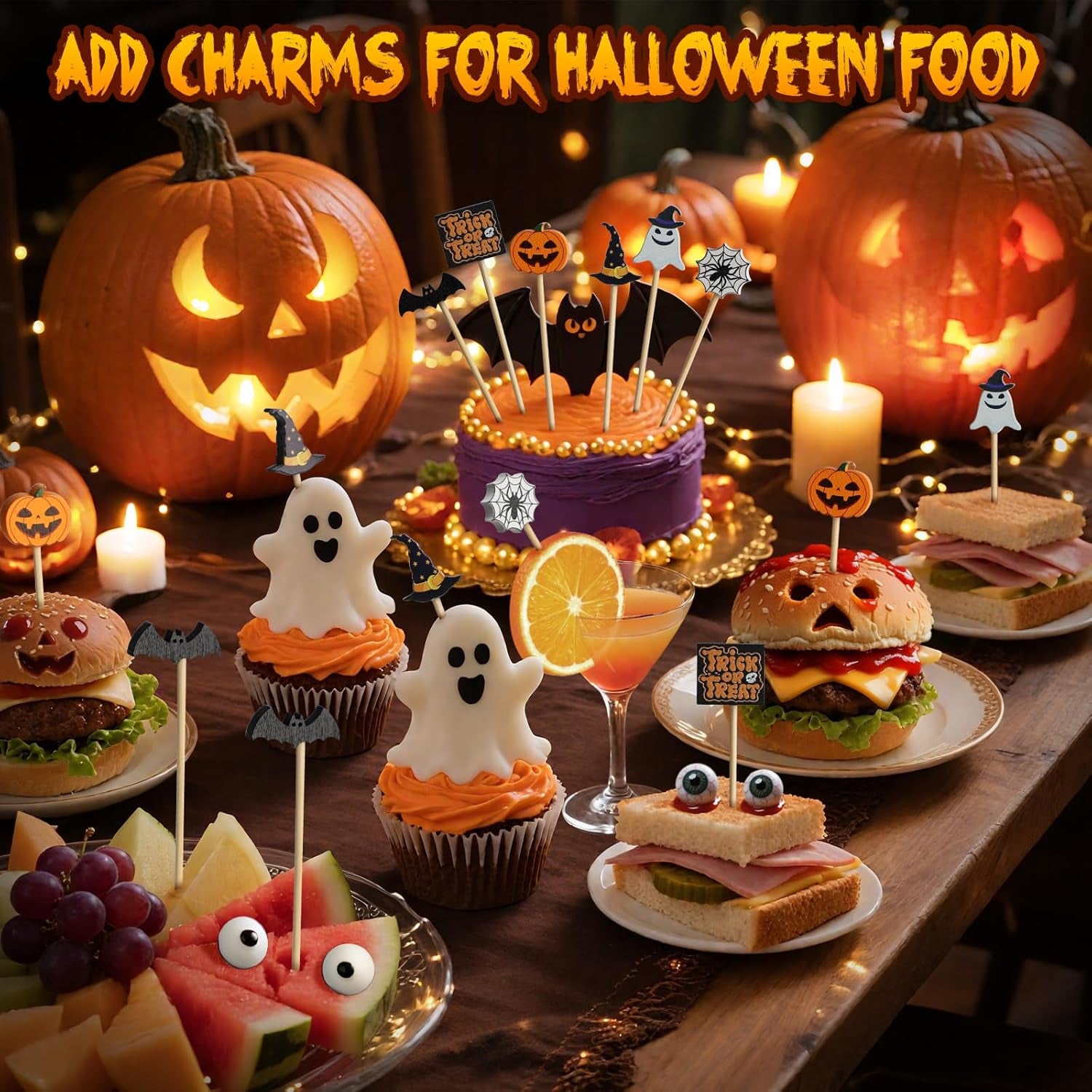 120 Halloween Cocktail Picks, 8 Kind of Bamboo Pumpkin Ghost Spider Hat Bat Eyeball Decorative Toothpicks for Appetizers, 4.7 in Food Sticks Charcuterie Skewers for Halloween Themed Party